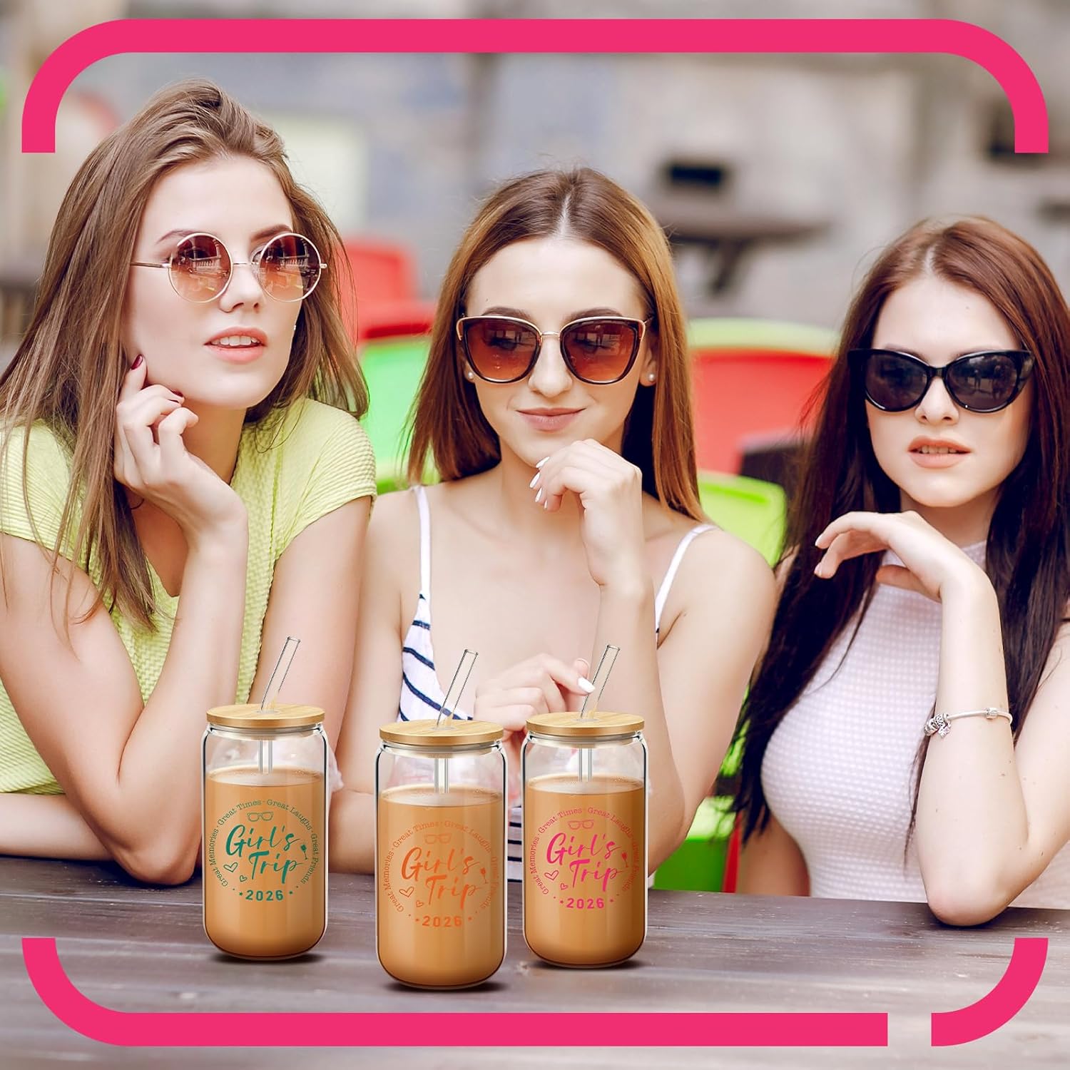 SiliFine 4 Pcs Girls Trip Glass Cups Gift Favors with Lids and Straws 16 oz Travel Weekend Bestie Friendship Presents for Women Wedding Bachelorette Vacation Party