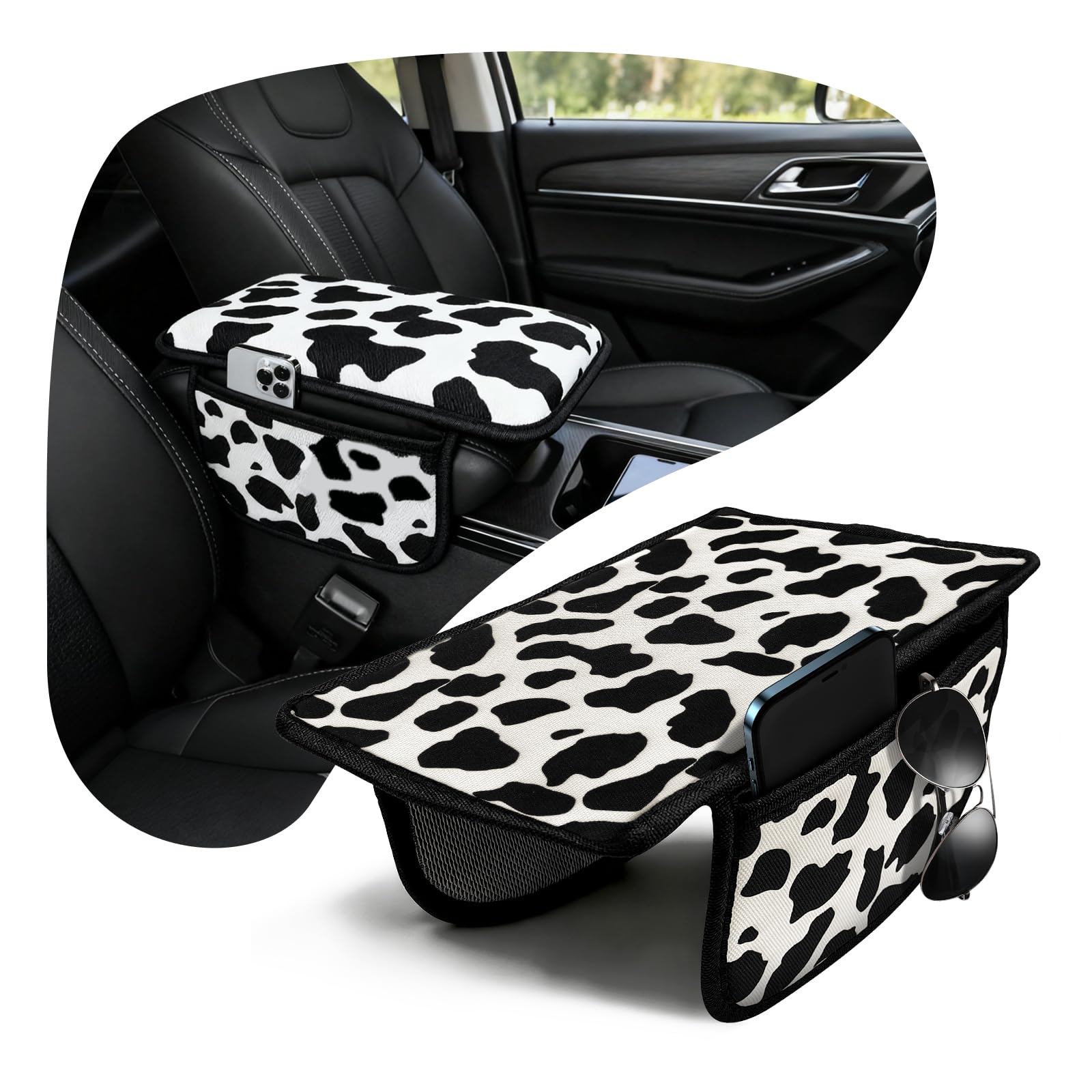 Cow Print Armrest Cover with 2 Side Pockets & Storage Bags, Cute Cow Car Decor,Center Console Cover Pad Organizer, Cow Pattern Cushion Mat,Interior Accessories for Most Vehicles (Black)