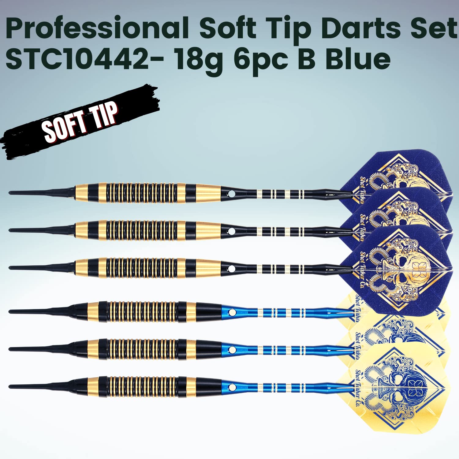 SHOT TAKER CO. EST. 2017 Soft Tip Darts Set - Professional Darts with Customizable Configuration, Aluminum & Plastic Shafts, O-Rings, Flights, Dart Tool, 50PC Extra 2BA Tips (18g-Blue B-STC10442)