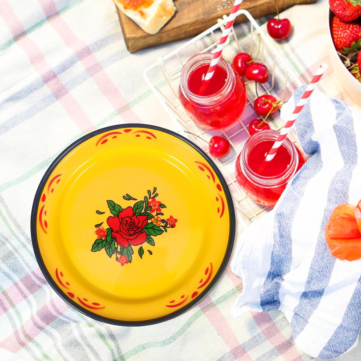 FUOYLOO Unbreakable Melamine Bbq Serving Platter and Stackable Red Floral Dinner Plates Outdoor Picnic Snack and Vegetable Dish for Camping and Barbecue