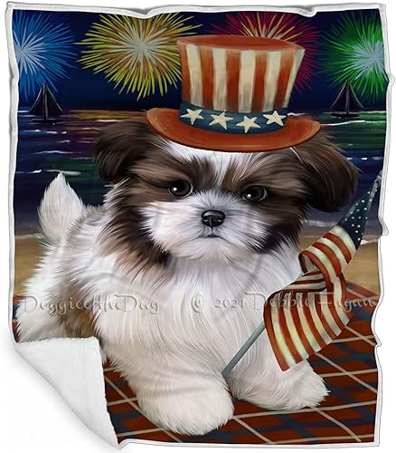 4th of July Fireworks Shih Tzu Dog Blanket - Lightweight Soft Cozy and Durable Bed Blanket - Animal Theme Fuzzy Blanket for Sofa Bed Couch