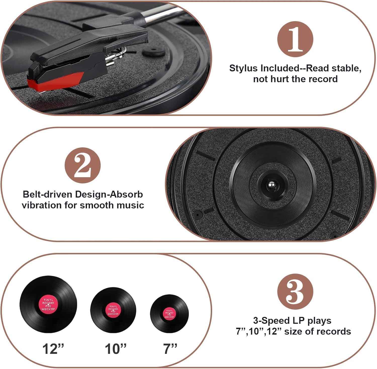 Bluetooth-Vinyl-Plattenspieler mit eingebauten Lautsprechern, unterstützt USB-Cinch-Ausgang, Aux-In-Kopfhörer, Auto-Stopp, 3-Gang-Riemenantrieb, tragbarer Phonograph für Unterhaltung und Dekoration