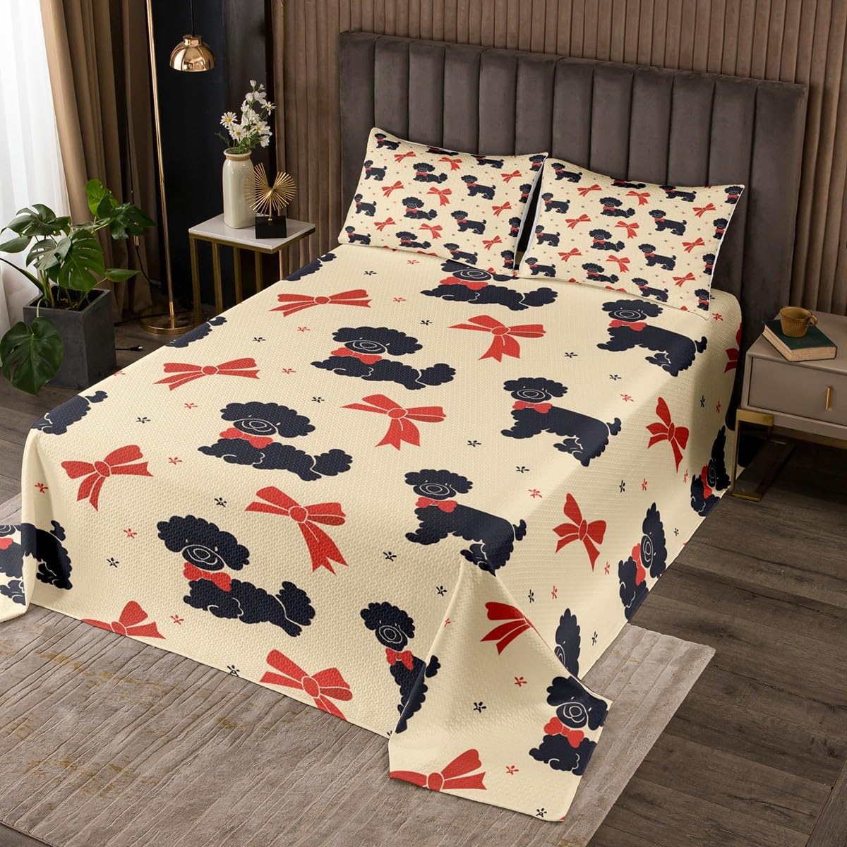 Erosebridal Black Dog Coverlet Set,Red Bows Quilt Set Twin Size for Kids Boys Girls,Kids Kawaii Puppy Bed Cover,Oil Art Animal Bowknot Bedspread Set