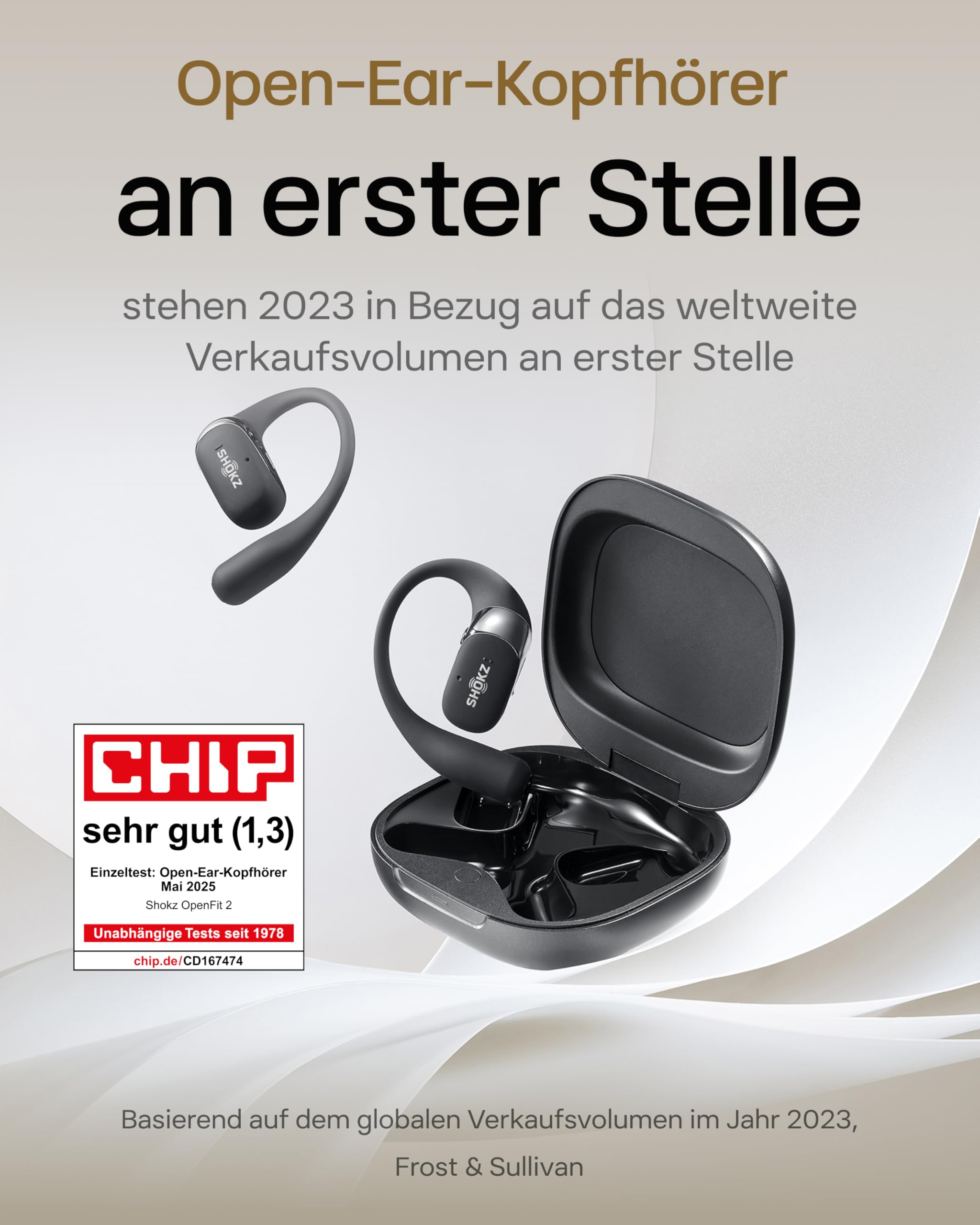 SHOKZ OpenFit 2 Open-Ear-Kopfhörer, True-Wireless-Bluetooth-Ohrhörer mit Mikrofon, Ohrbügel-Open-Ear Headphones mit 48 Stunden Wiedergabezeit, Schnellladung, IP55 Wasserfest, mit Tragetasche, Schwarz