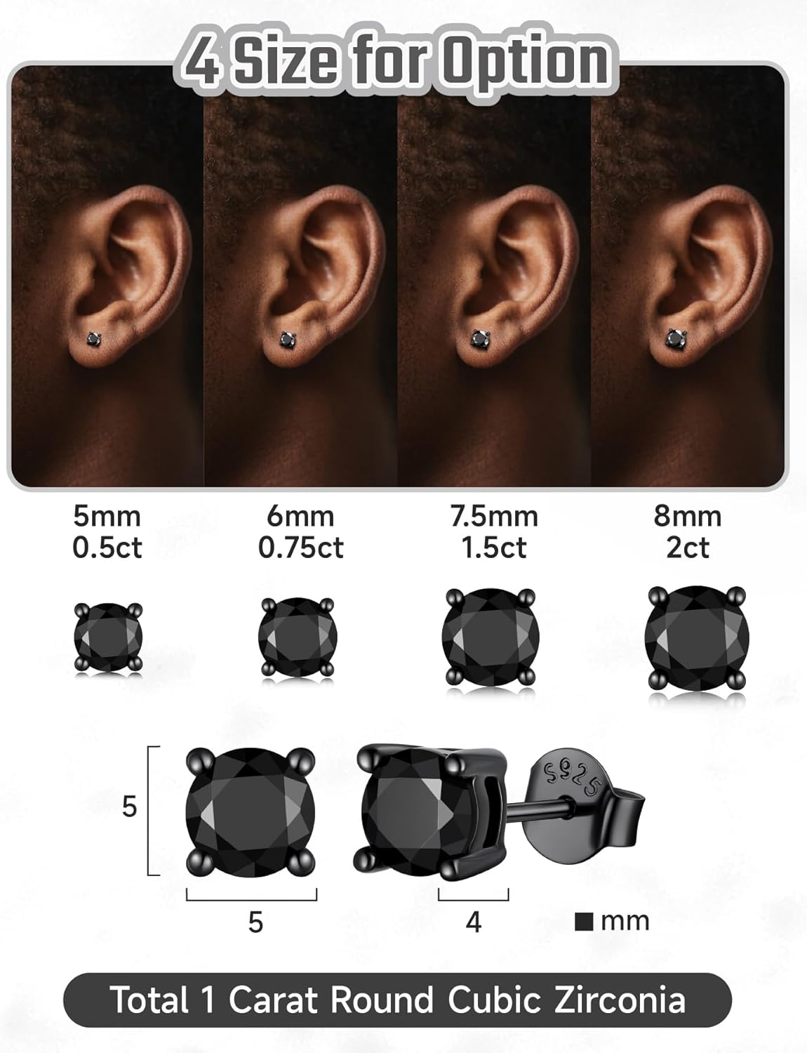 Black Earrings Stud 925 Sterling Silver Hypoallergenic Simulated Diamond Cubic Zirconia 14K Black Gold Push Back Earrings Jewelry for Men Women Gifts, 5-8MM - Image 6