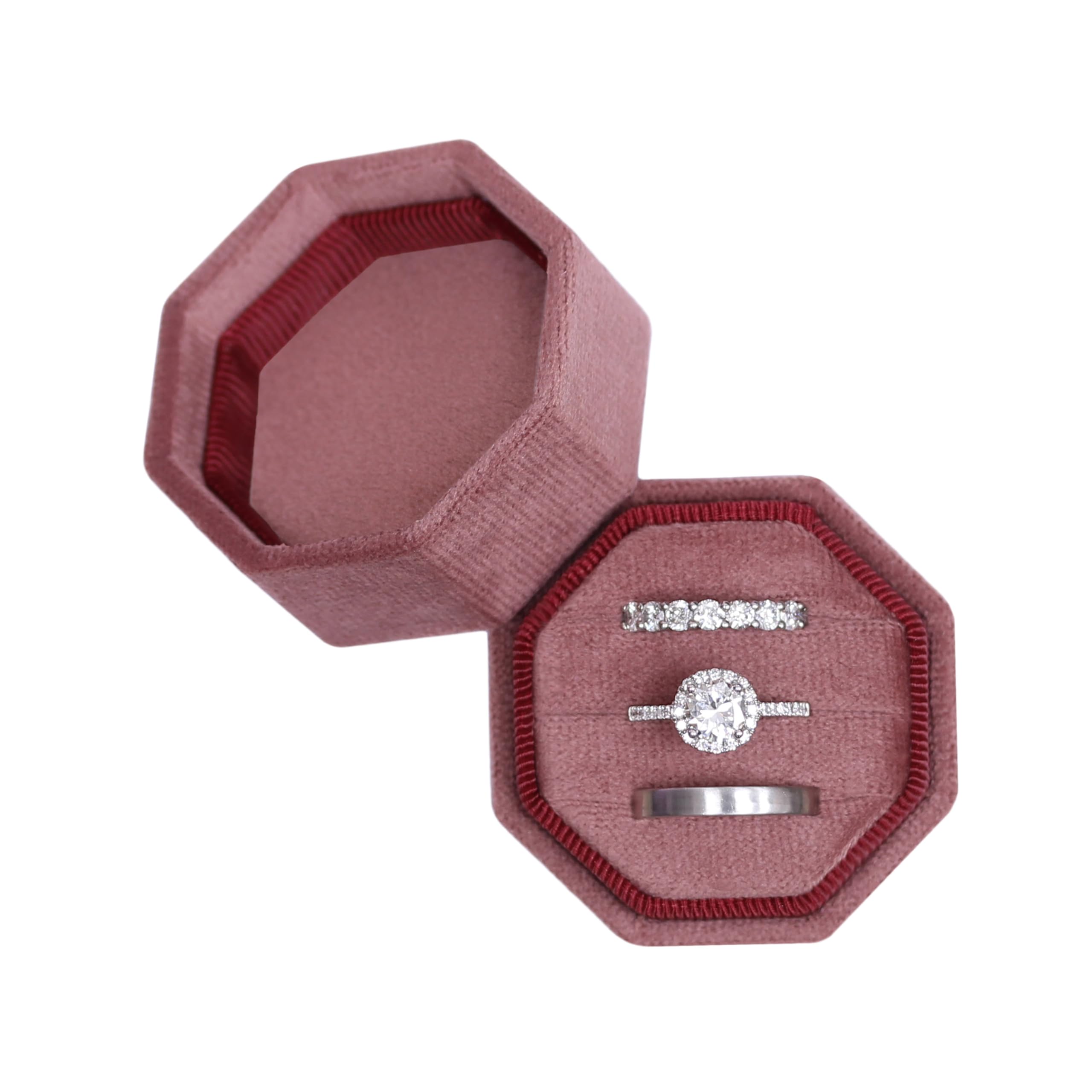 Velvet 3 Slots Jewelry Ring Box Engagement Wedding Box Keepsake Box Bridal Photo Ring Triple Slots Octagon (Dusty Rose)