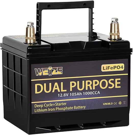 WEIZE 12V 105AH Dual Purpose LiFePO4 Lithium Battery, 1000CCA Group 31 Group 27 Starter Battery Plus Deep Cycle Performance, Built-in Smart BMS, Perfect for Automotive, Trolling Motor, Marine, RV