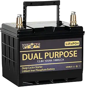 WEIZE 12V 105AH Dual Purpose LiFePO4 Lithium Battery, 1000CCA Group 31 Group 27 Starter Battery Plus Deep Cycle Performance, Built-in Smart BMS, Perfect for Automotive, Trolling Motor, Marine, RV