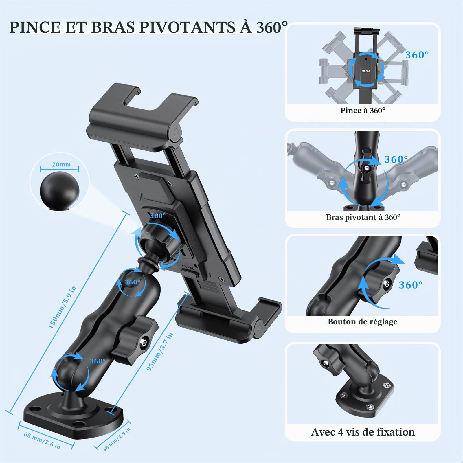 OHLPRO Support Tablette Voiture, Support ipad Voiture Universel 360° Rotatif Base Perçage+ Bras Réglable 15cm, Compatible iPad Pro/Mini Samsung 4-13" Tablettes Camion & Tableau de Bord