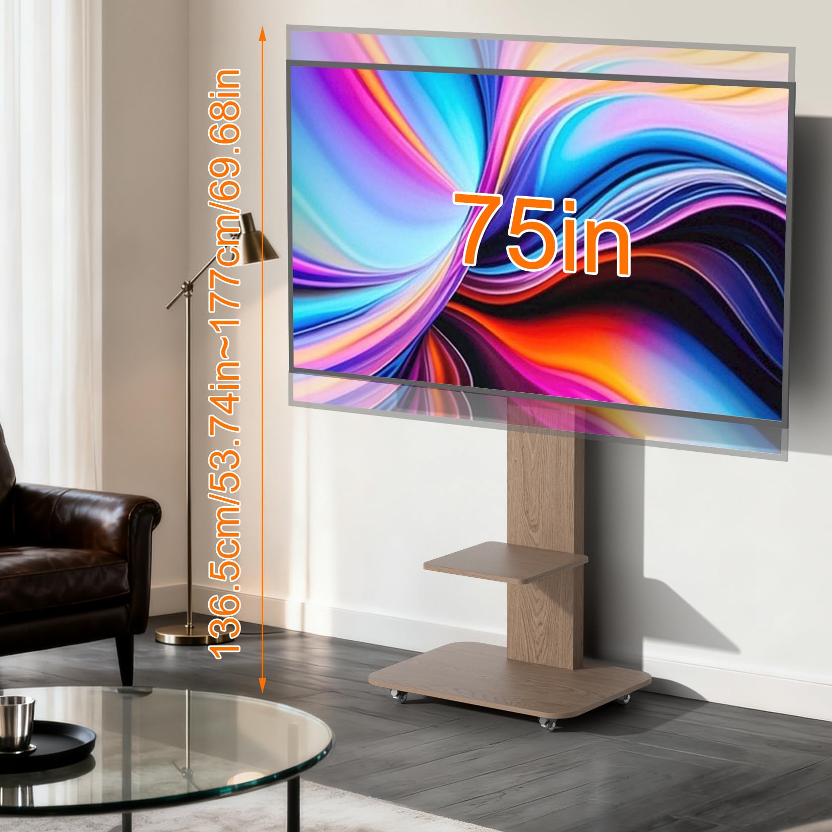 UNHO Soporte TV con Ruedas de Madera para 40-75 Pulgadas, Inclinación ±10° | Soporte Televisión Suelo Ajustable en Altura para LCD/LED, 2 Estantes, VESA 200x300 - 600x400 mm, Hasta 60 kg