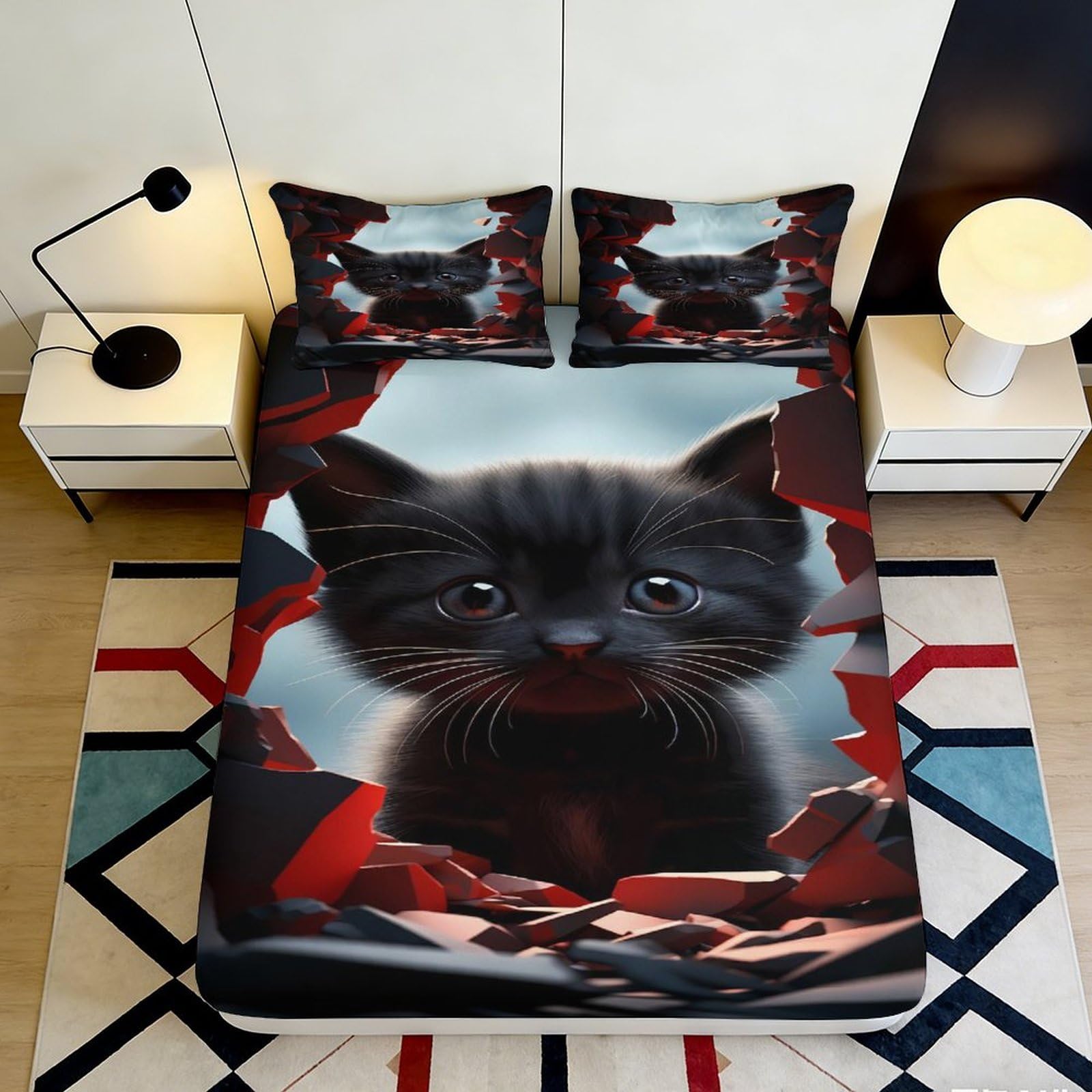3D Printed Black Cat Fitted Sheet Microfiber Deep Pocket Bedroom Bedding Black Cat Mattress Fitted Cover Elastic Hem Non-Slip for Adults Teens 160x200x25cm