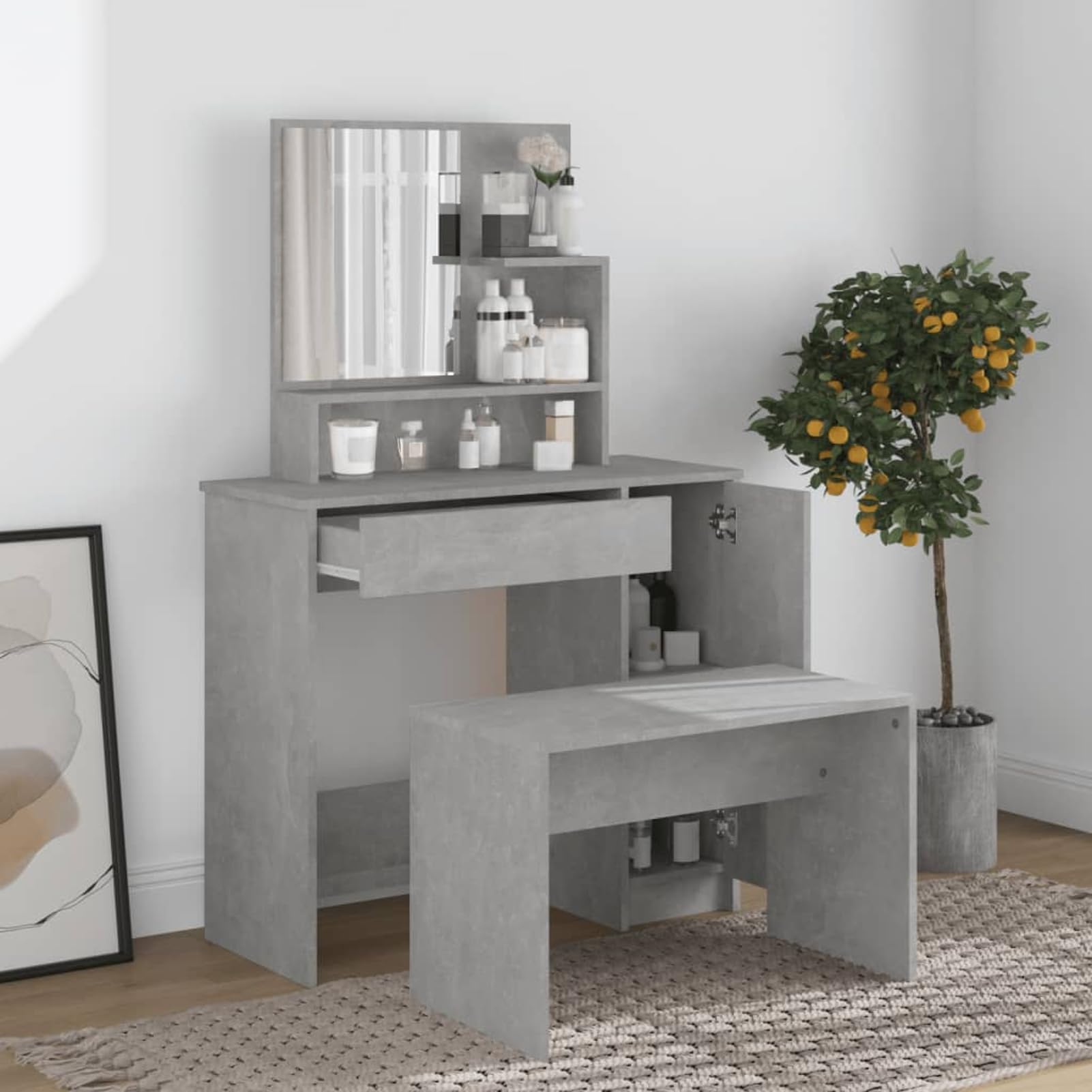 Homgoday Schminktisch mit Spiegel Betongrau 86,5x35x136 cm Holzwerkstoff Make-up Tisch mit Schublade und Ablage für Schlafzimmer 802961