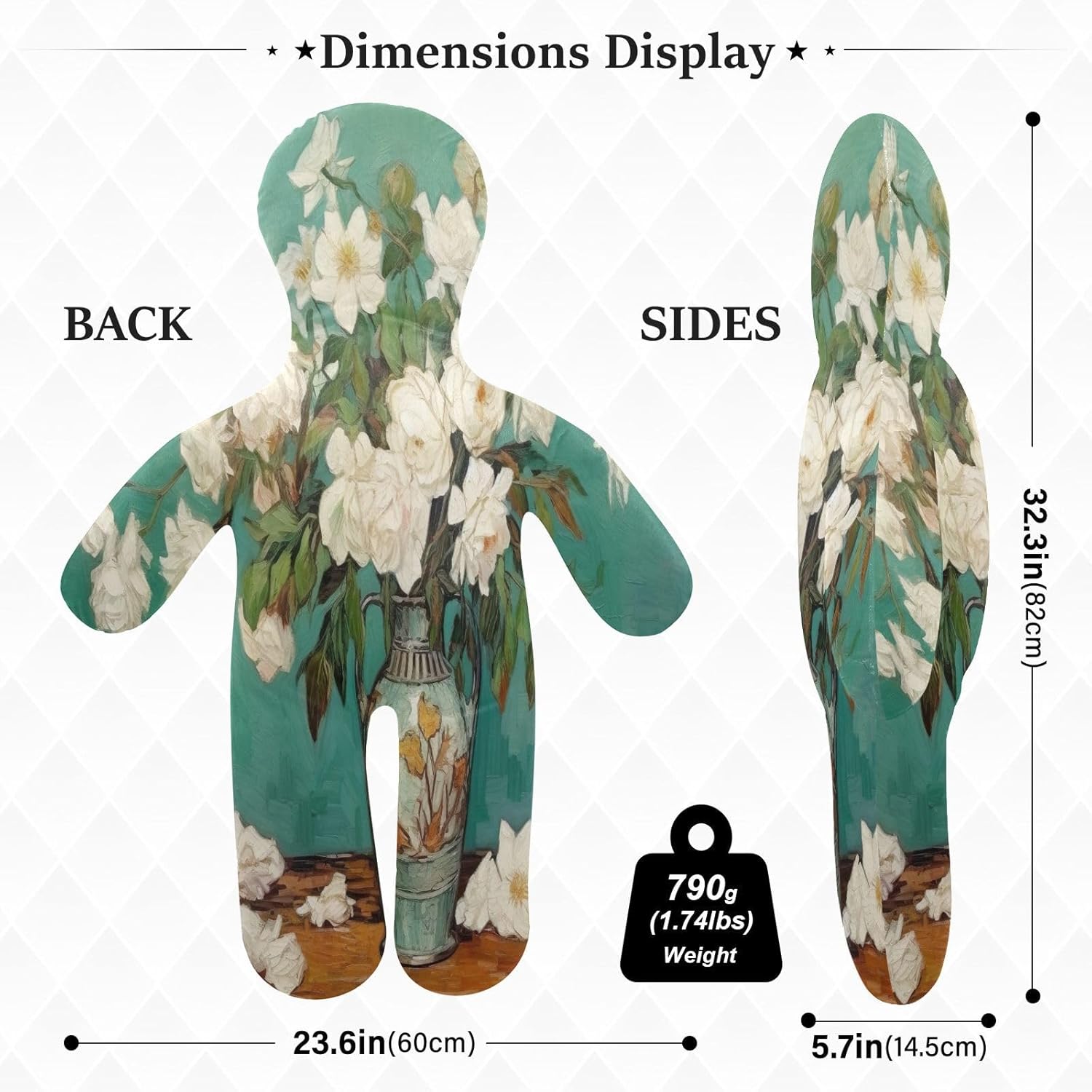White Flower Painting Human-Shaped Pillow Soft Body Pillows Washable Velvet Pillows for Anxiety Relief Sleeping Cuddling & Support