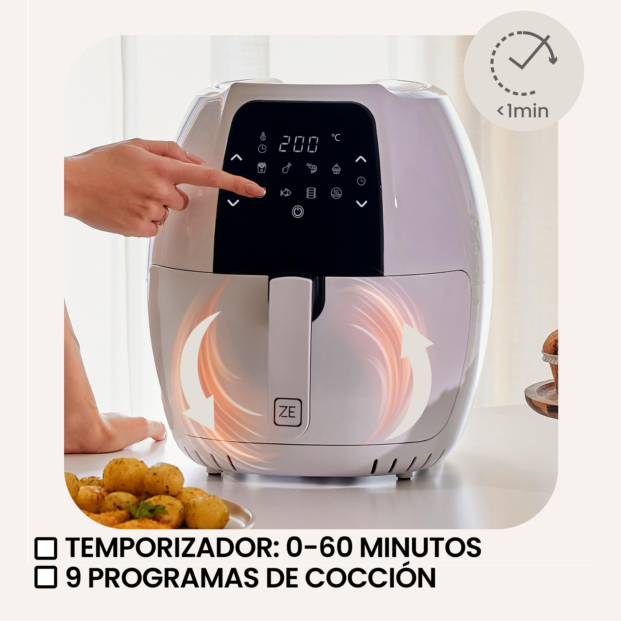 ZEEGMA Knapper Grand freidora sin aceite, freidora de aire 1800W, temperatura 60-200 °C, tiempo de calentamiento 60s, cesta capacidad 6L, revestimiento de teflón, 9 programas, apta para lavavajillas