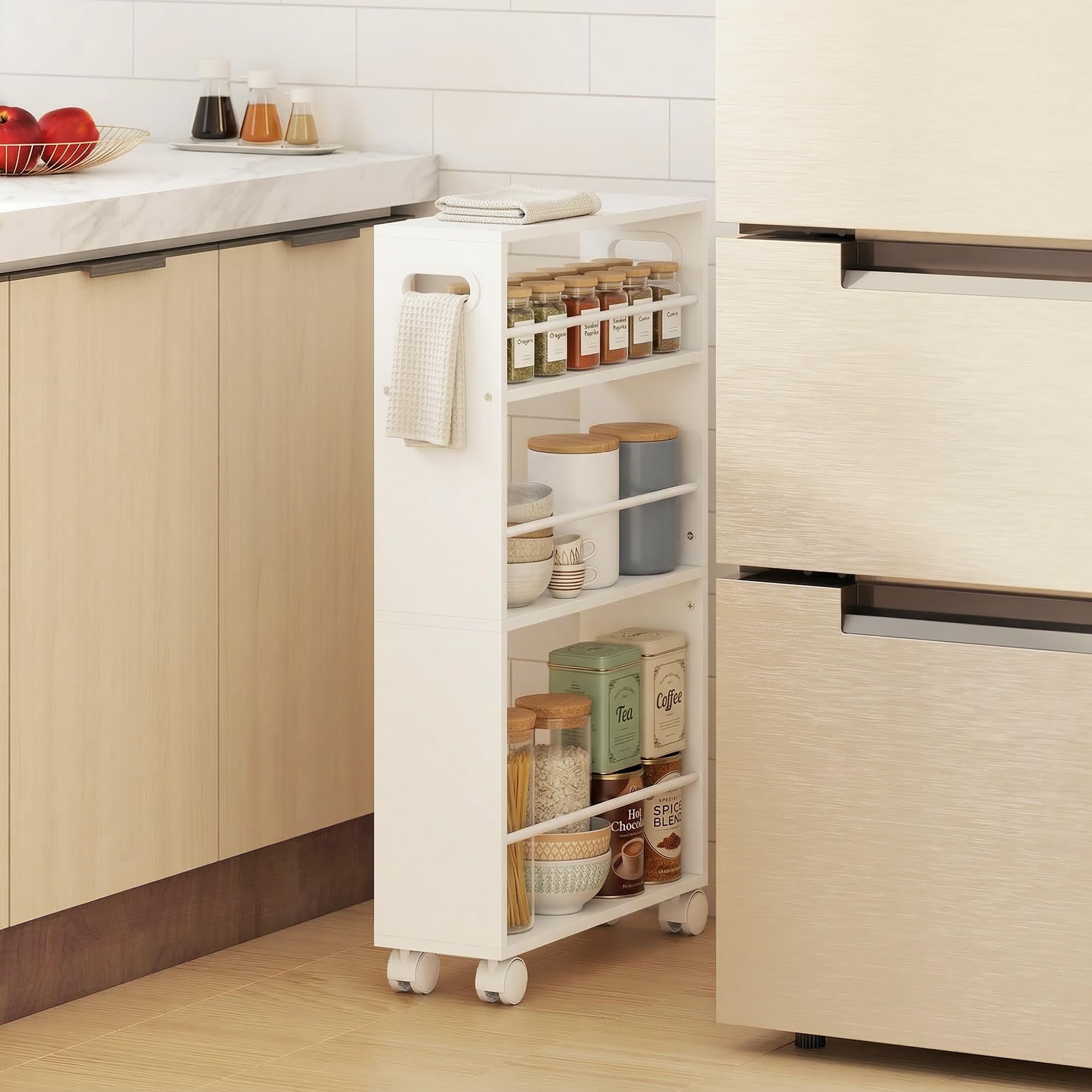 HOMCOM Carrito Auxiliar con Ruedas Carrito de Cocina 45x15x80 cm Blanco | Delgado de 3 Niveles, con Barandillas Laterales y Asas, para Comedor Sala Baño