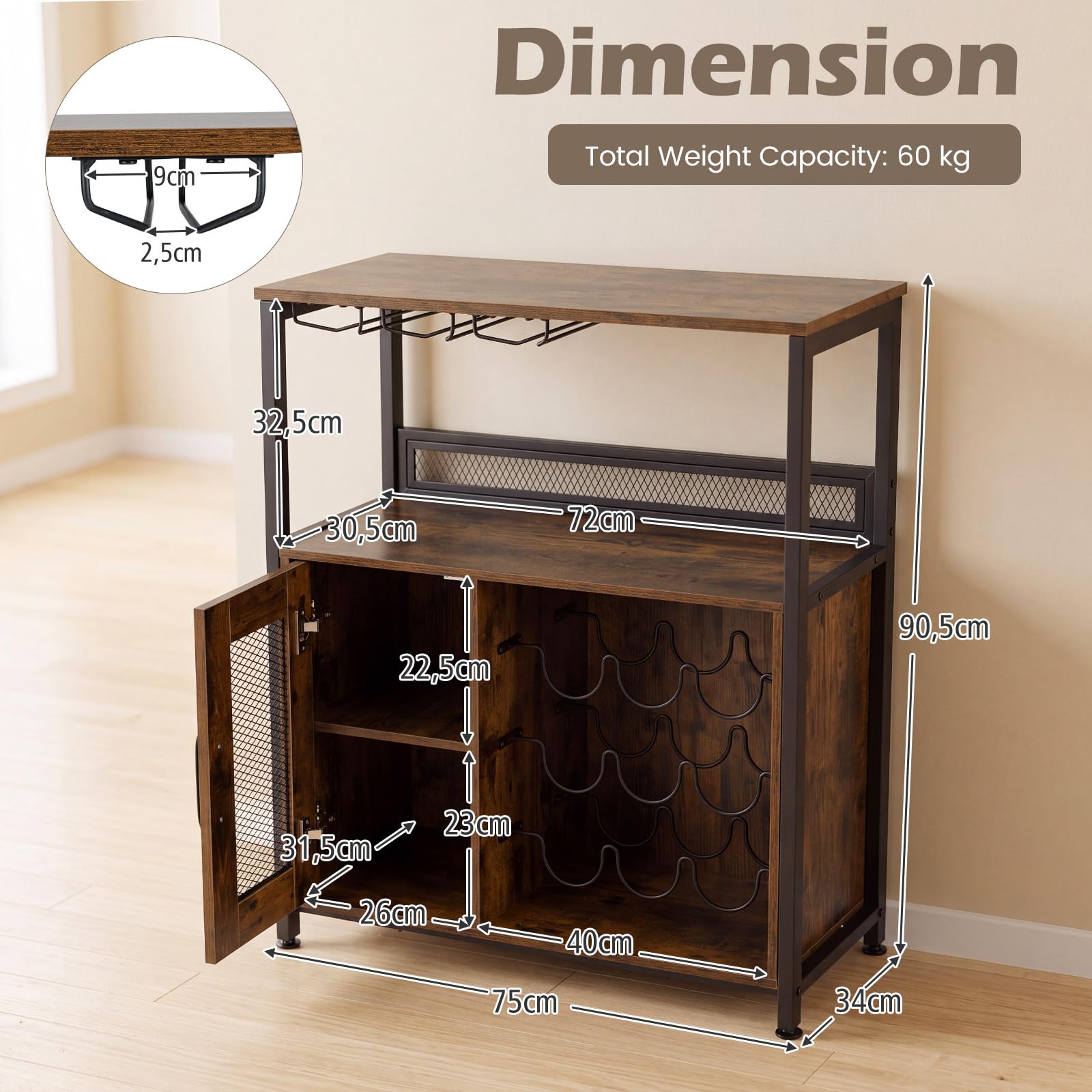 GIANTEX Armoire à Vin avec 3 Porte-Verres et Casiers à 9 Bouteilles, Meuble à Vin avec Kit Anti-Basculement, Organisateur Industrielle pour Salon, Salle à Manger, Cuisine, Bar, Marron Rustique