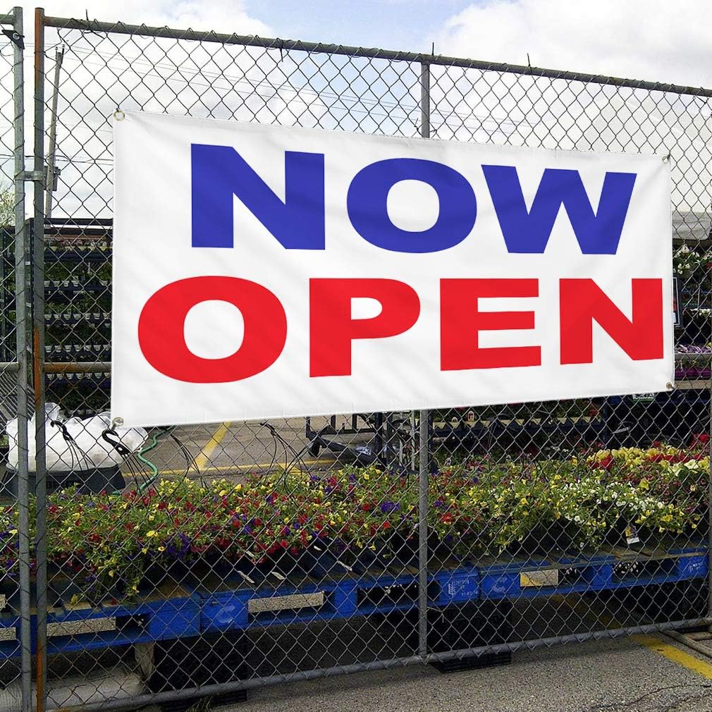 Vinyl Banner Multiple Sizes Now Open Blue Red A Business Outdoor Weatherproof Industrial Yard Signs 4 Grommets 16x40Inches