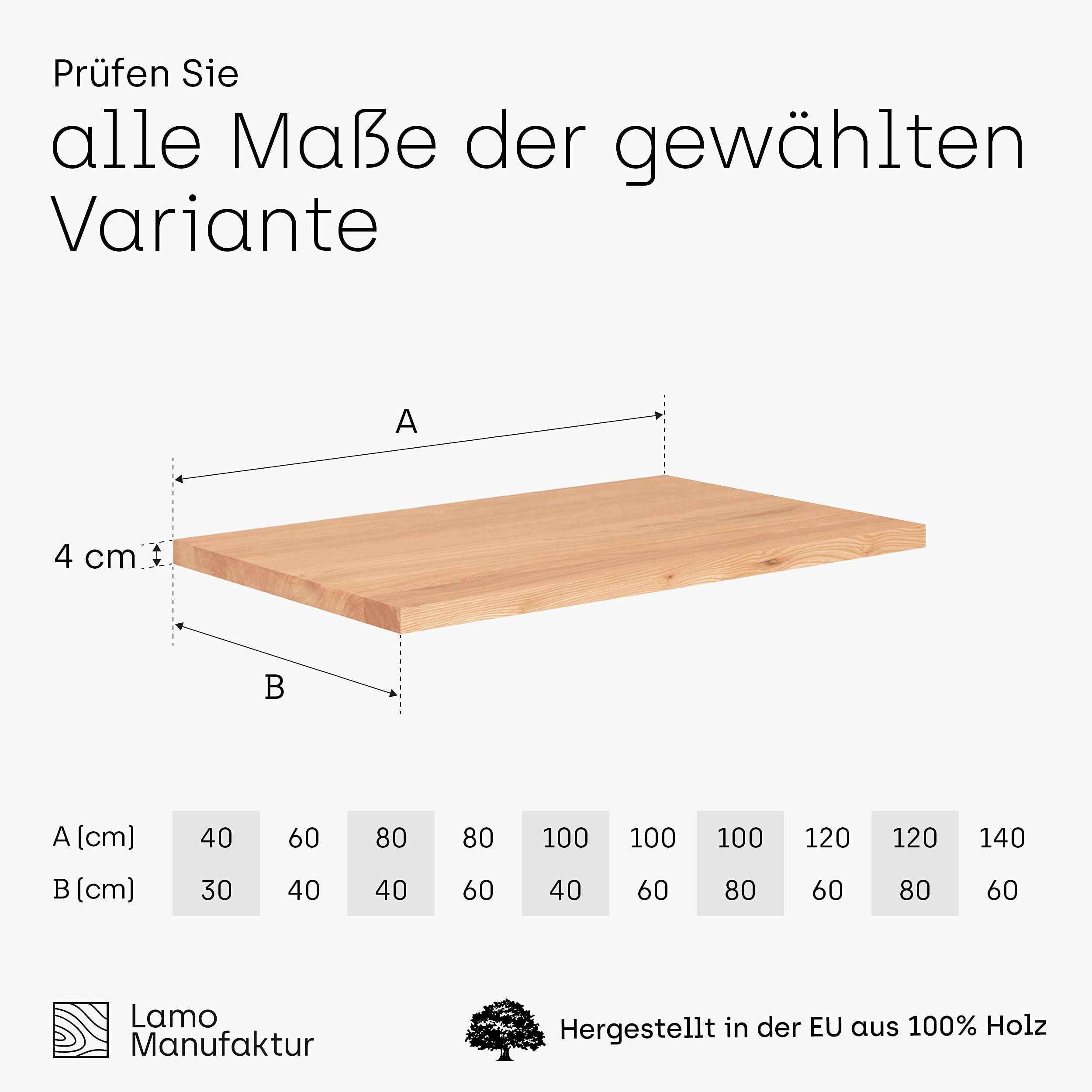 LAMO Manufaktur piano in legno per scrivania, tavolo da pranzo, tavolino da caffč, tavolo da cucina, 120x80 cm, Frassino Naturale, LHG-01-A-002-120