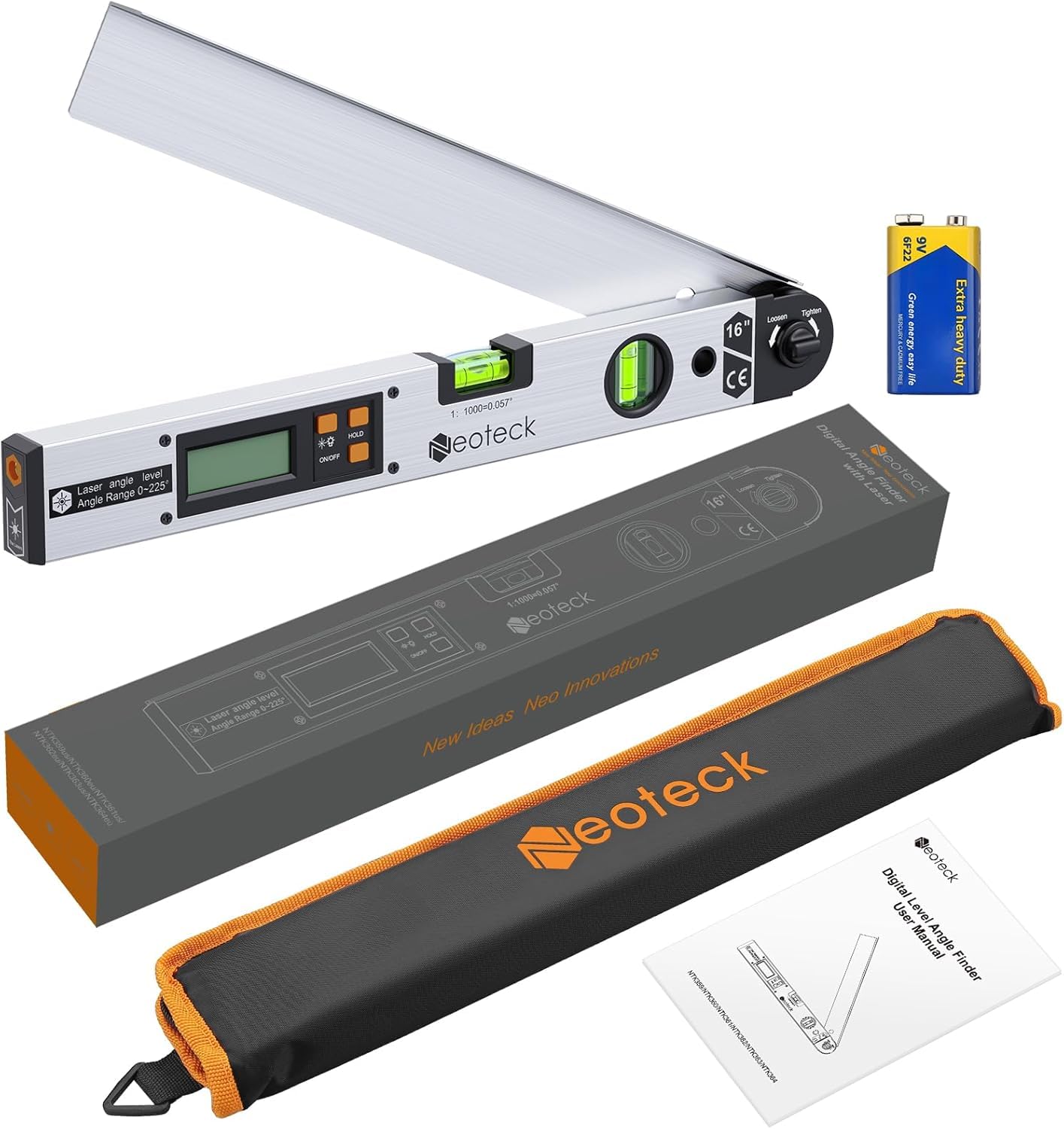 Neoteck Rapporteur d’Angle Laser 225° – Outil de Mesure d’Angle Numérique Précision ±0,5°, Règle d’Angle Aluminium avec Laser de Guidage, HOLD & Verrouillage, Bricolage, Menuiserie, Chantier - Argent