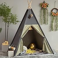TreeBud Kids Teepee Tent Grey Canvas with Striped Padded Mat - Foldable Playhouse Indoor Outdoor Wooden Poles Carry Case