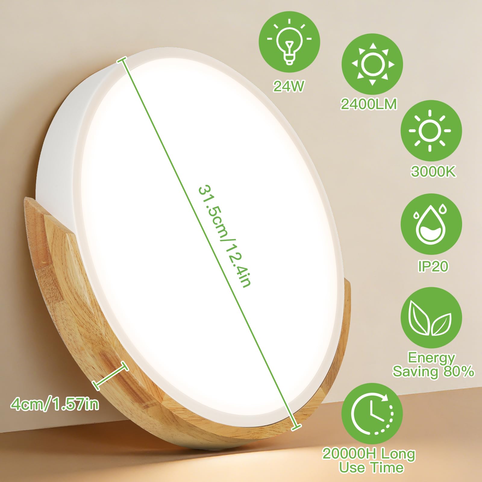Kimjo 24W Lámpara LED Techo Redonda, φ30cm Plafones para Techo Madera, 3000K Moderno Plafon LED Blanco, 2400LM Luz Techo para Oficinas, Salones, Dormitorios, Cocinas, Pasillos