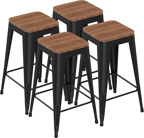 Miniatura 1 de SHINEBOOM Juego de 4 taburetes de bar de metal negro, sillas de bar industriales modernas con parte superior de madera para isla de cocina,