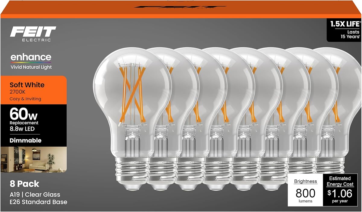 Feit Electric A19 LED Light Bulbs, 60W Equiv, 800 Lumens, Soft White 2700K, E26 Base, Dimmable, Exposed Filament Bulbs for Home & Commercial Use, 17,000-Hour Lifespan, A1960CL927CAFIL/8/GB, 8 Pack