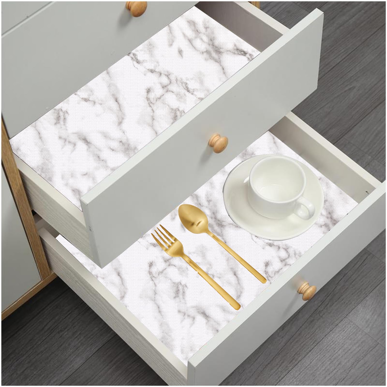 Drawer and Shelf Liner for Kitchen Cabinets: Non Adhesive, Non Slip, Thick Strong Grip Waterproof Washable for Kitchen Cabinets, Drawer, Fridge, Wire Shelving (White Marble, 18 in × 20 FT)