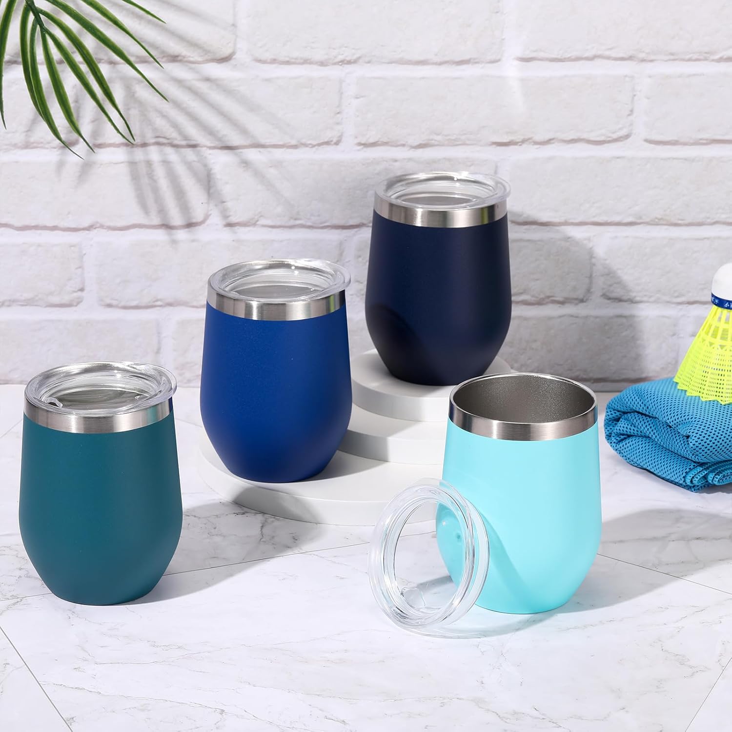 Baderke 12oz Wine Tumbler Bulk with Lid Gradient Color Stainless Steel Insulated Wine Tumbler Cup Reusable Travel Mug for Women Mother Bachelorette Wedding Party(Gradient Blue,8 Pcs)