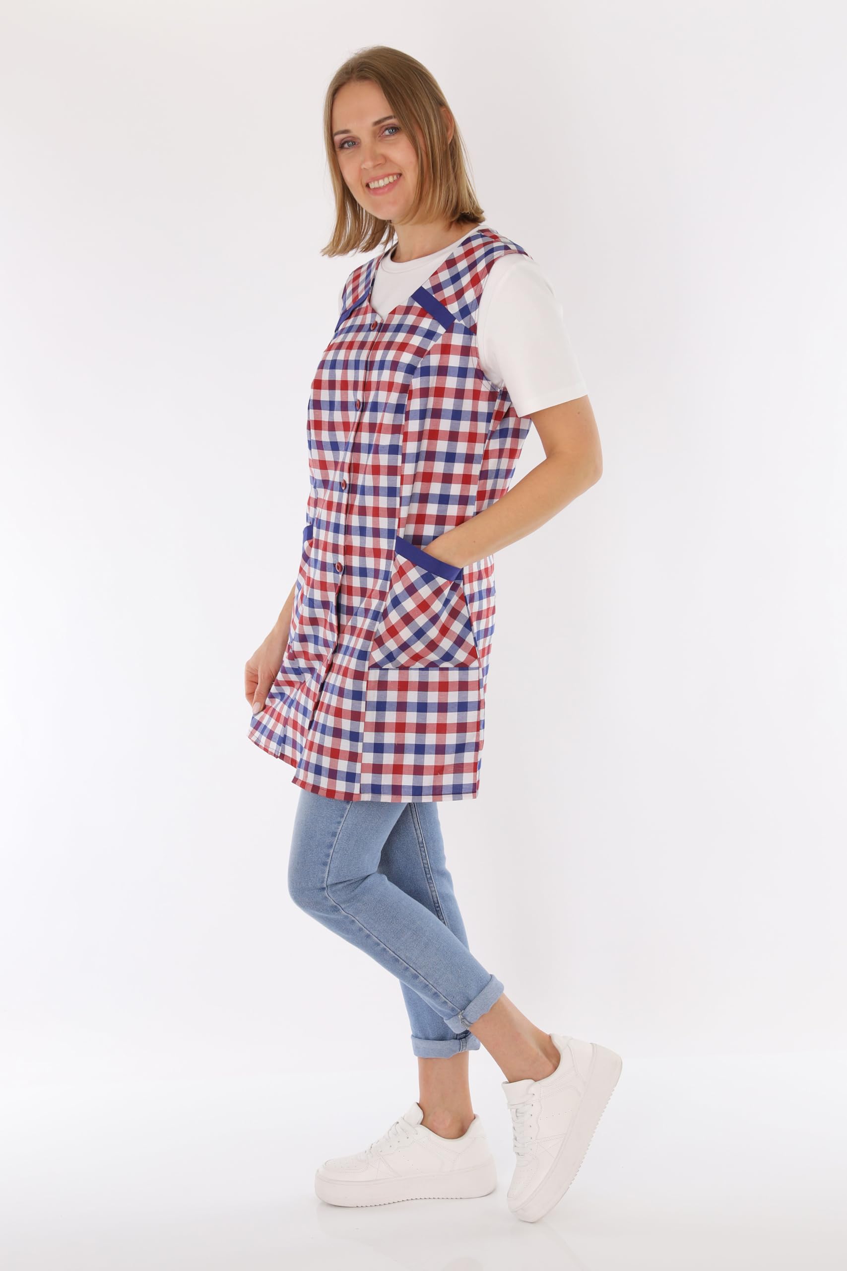 7/8 Casaca para mujer, poliéster, algodón, multicolor, delantal corto, sin mangas, delantal de cocina Diseño 3 48