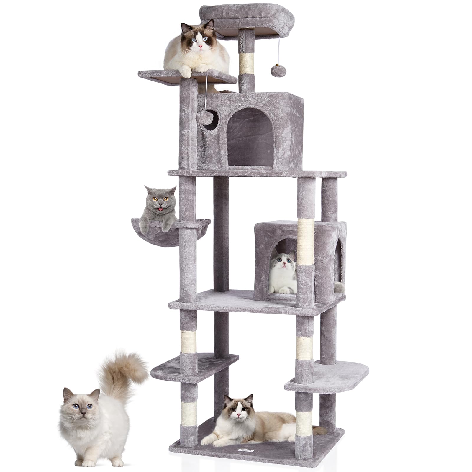 VEVOR Cat Tree for Indoor, 68.5" Cat Tower with Condos, Sisal Scratching Post, Hammock, Top Perch, Jumping Platforms, Large Furniture Activity Center with Hang Ball, Light Grey