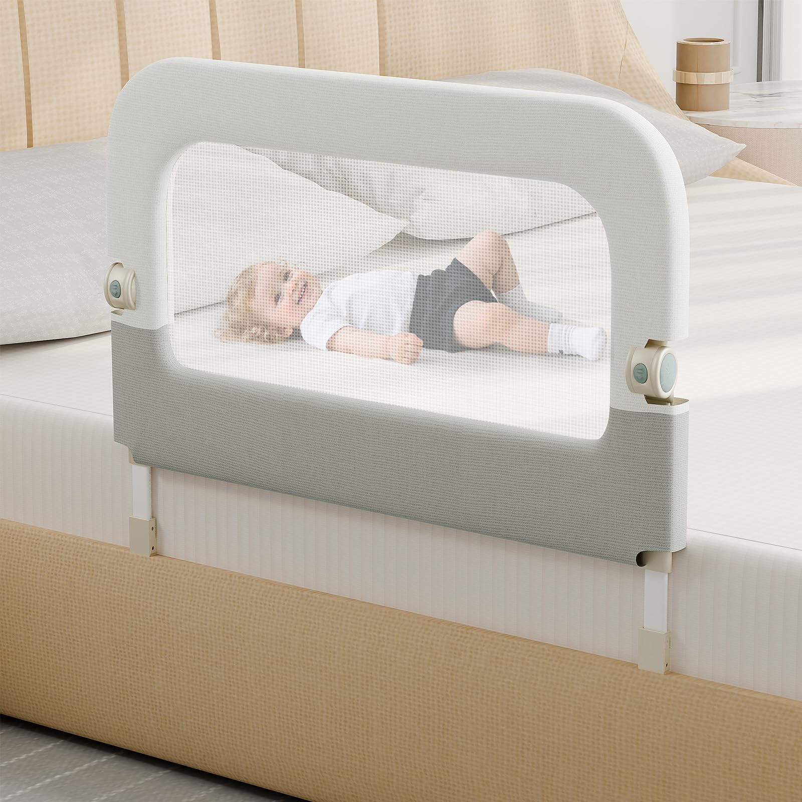 Bed Guard Rail for Toddlers - 32inch Folding up & Adjustable Heights Baby Bed Safety Rails - Portable Toddler Bed Barrier Railing Guard for Kids Twin, Bunk, Queen, Full Size Bed