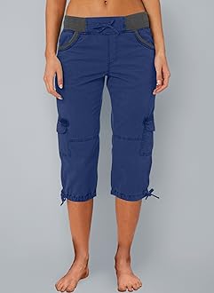 Capri Cargo Trousers Women - Women Cargo Joggers Outdoor Cotton Capri Joggers Women Cropped Trousers 3/4 Length Cargo Trousers Lightweight Quick Dry Hiking Pants Women Elasticated Waist Trousers