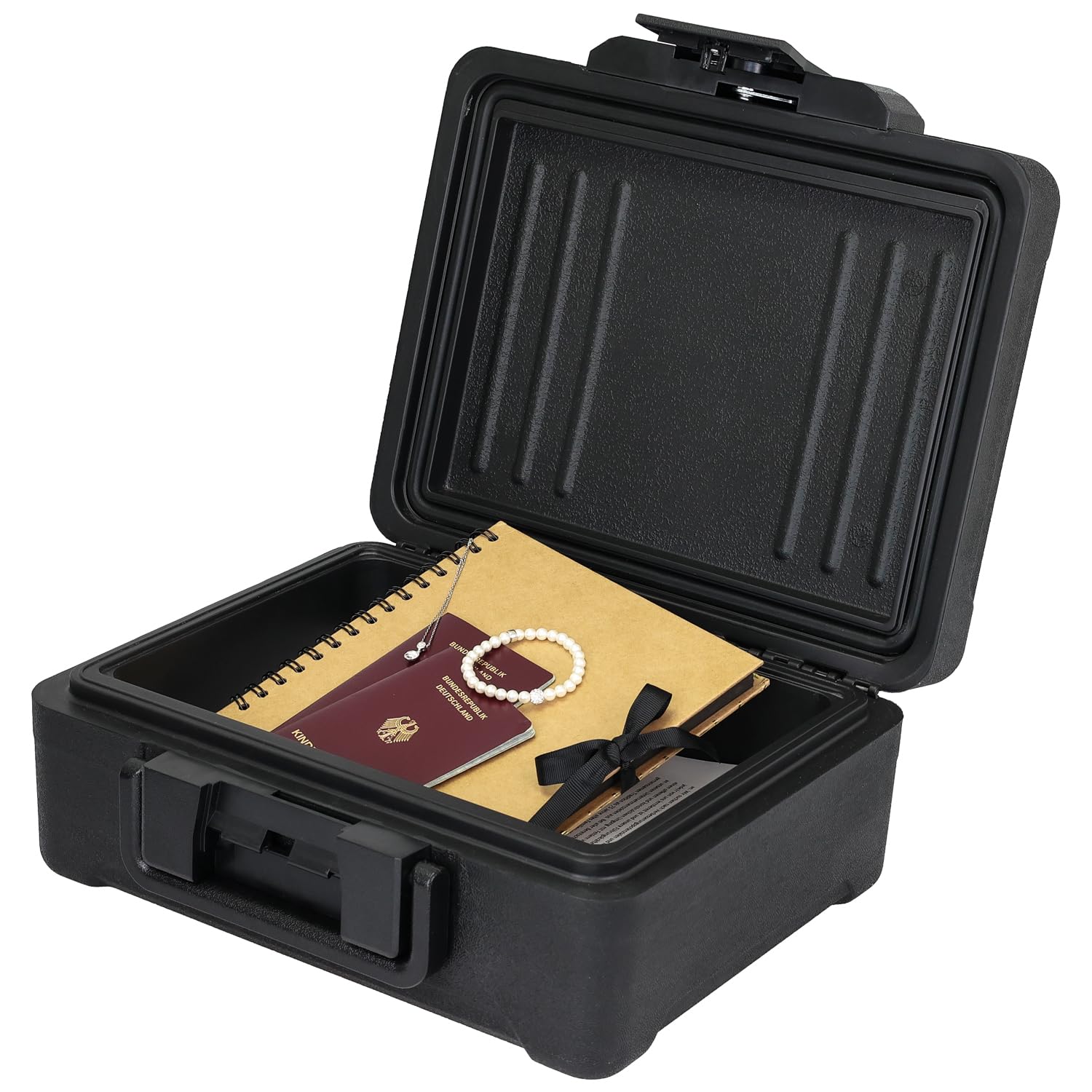 HMF Boîte à documents ignifuge DIN A4, caisse à monnaie étanche verrouillable | 36,5 x 32 x 15,5 cm | Noir