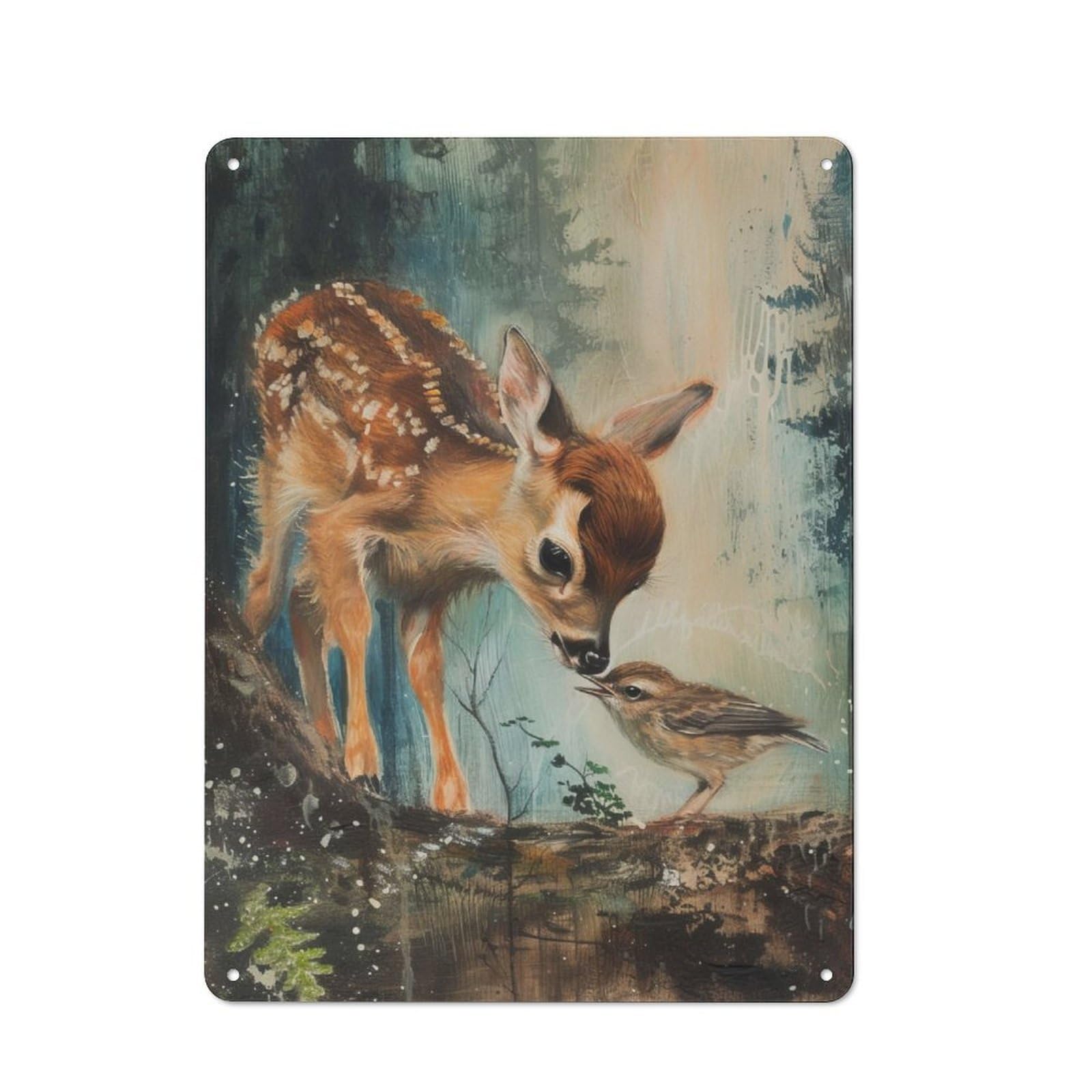 Junmoney Baby Deer And Bird Friendly Metal Wall Decor 40X30cm, Decorative Metal Plaque For Coffee Bar, Small Shop Or Dining Room