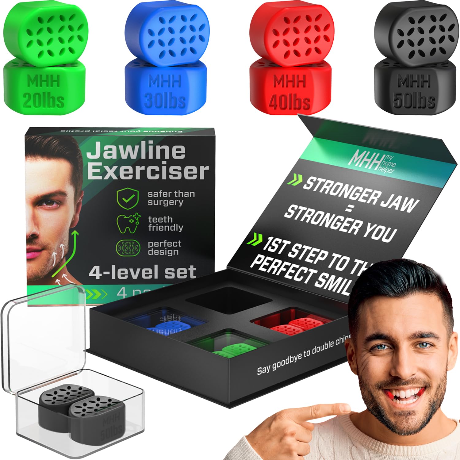 Jawline Exerciser for Men & Women - 8 pcs Powerful Jaw Trainer - 4 Resistance Levels - Double Chin Reducer Eliminator - Silicone Jaw Toner Tablets