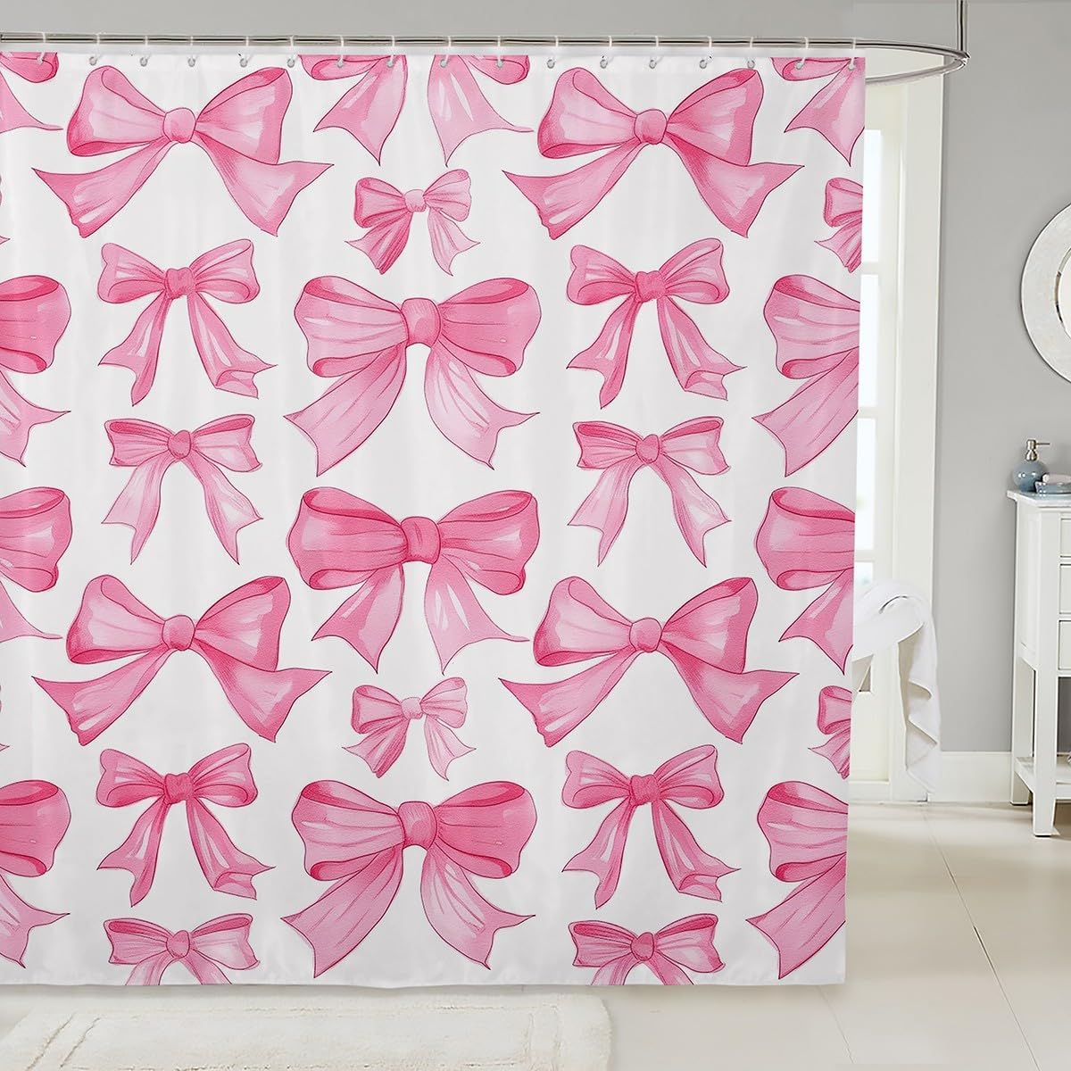 Feelyou Bowknot Bathroom Waterproof Accessories with 12 Hooks Cute Pink Bow Fabric Shower Curtain for Kids Boys Girls Romantic Princess Style Shower Curtain Light Pink White Curtains,72x84 Inches