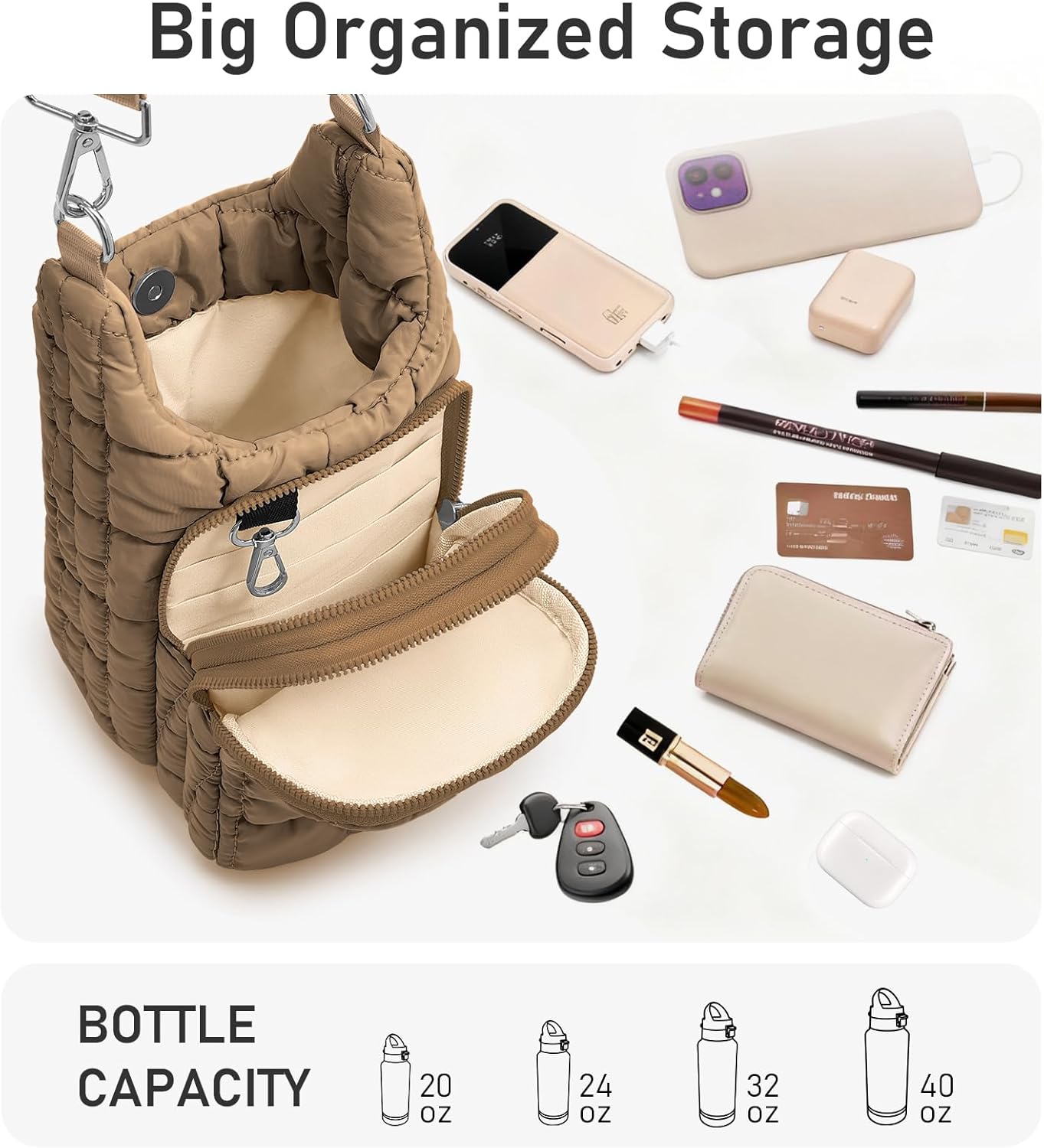 WOOMADA Water Bottle Holder RFID Crossbody Bag for Women, Ideal for Walking, Hiking, Cycling（khaki）