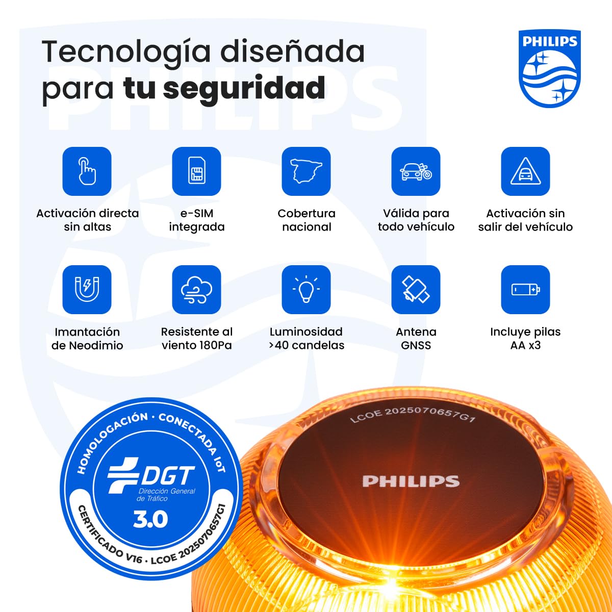 Philips Awaryjny Beacon V16 z geolokalizacją i połączeniem DGT 3.0 – zatwierdzony, plan danych w zestawie, podstawa magnetyczna, wysoka widoczność 1 km, odporna na deszcz i wiatr, baterie AA w