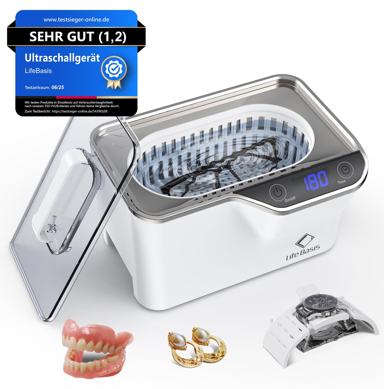 Urządzenie do czyszczenia ultradźwiękowego 48000Hz, LifeBasis 600ML, z funkcją odgazowania i 5 ustawieniami czasowymi do czyszczenia okularów, biżuterii, protez zębowych, zegarków