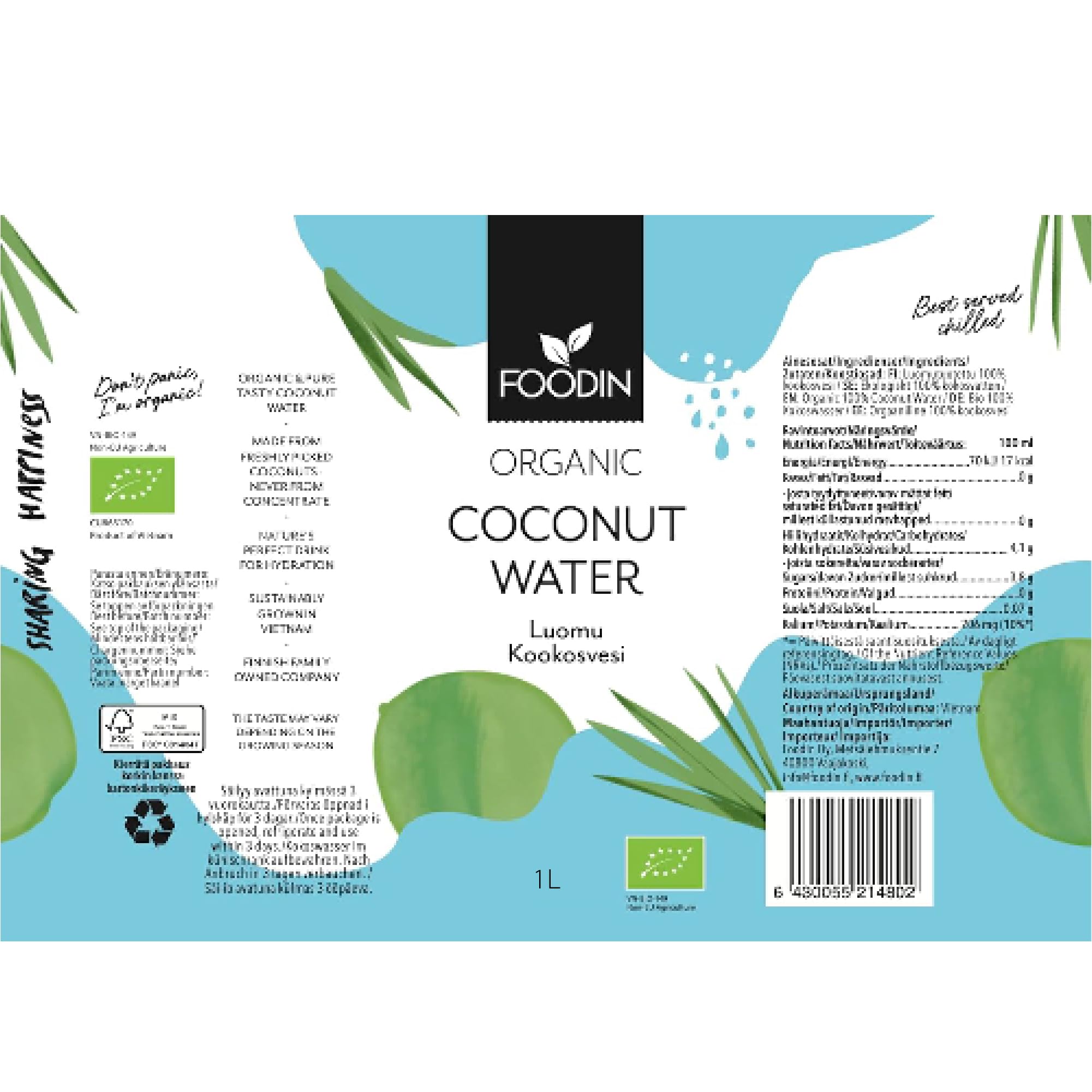 Foodin Eau de coco Bio, Naturellement hydratante avec des électrolytes, Sans gras, Sans gluten, Sans OGM, Faible en calories - Désaltérant apaisant - Paquet de 6 (6x1000ml)