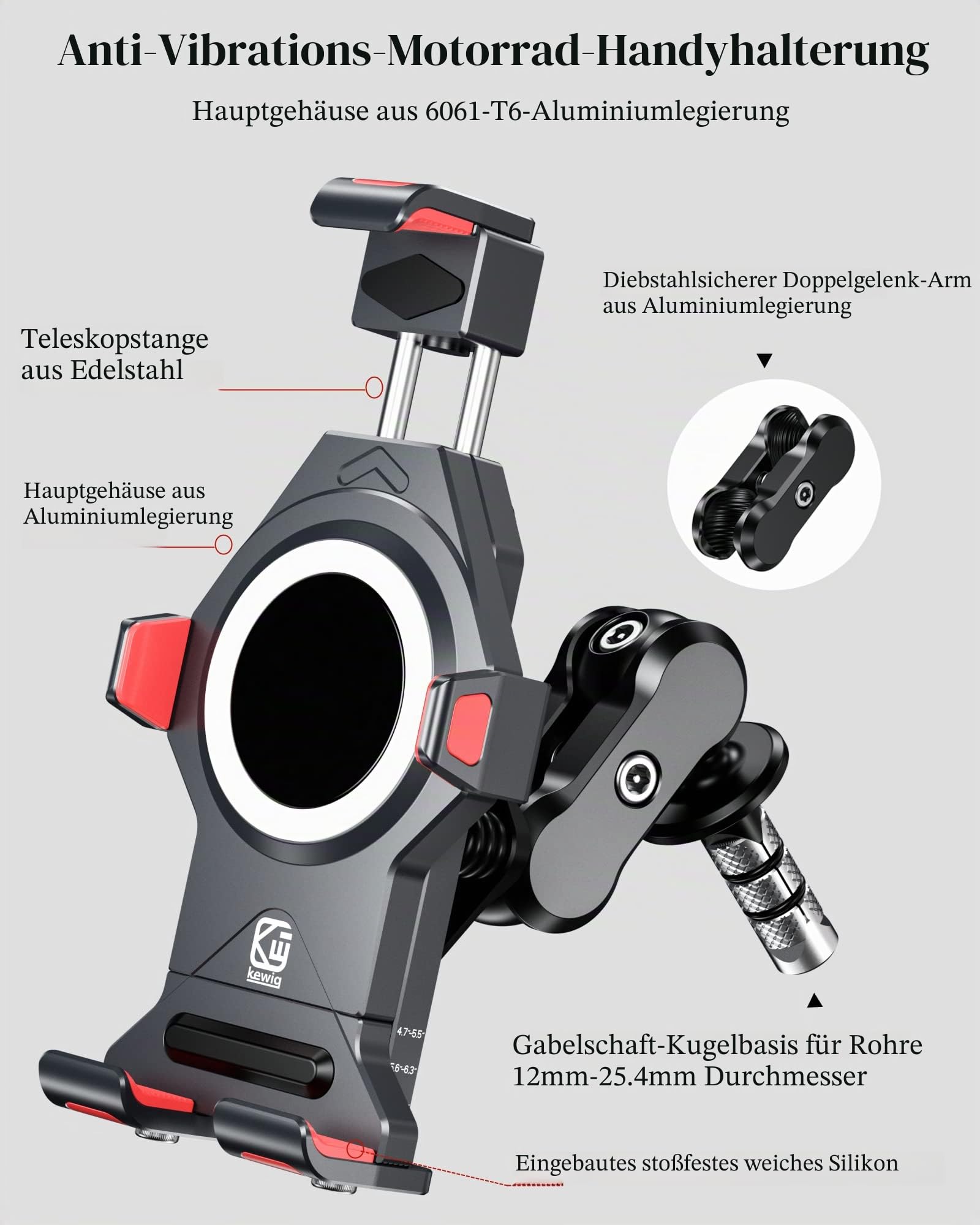 BRCOVAN Metall Motorrad Gabelschaft Handyhalterung mit Vibrationsdämpfer | Diebstahlsichere Aluminiumlegierung Handy Motorradhalterung, 360° Drehbar, Verstellbar, für 4,7-7,2 Zoll Smartphone
