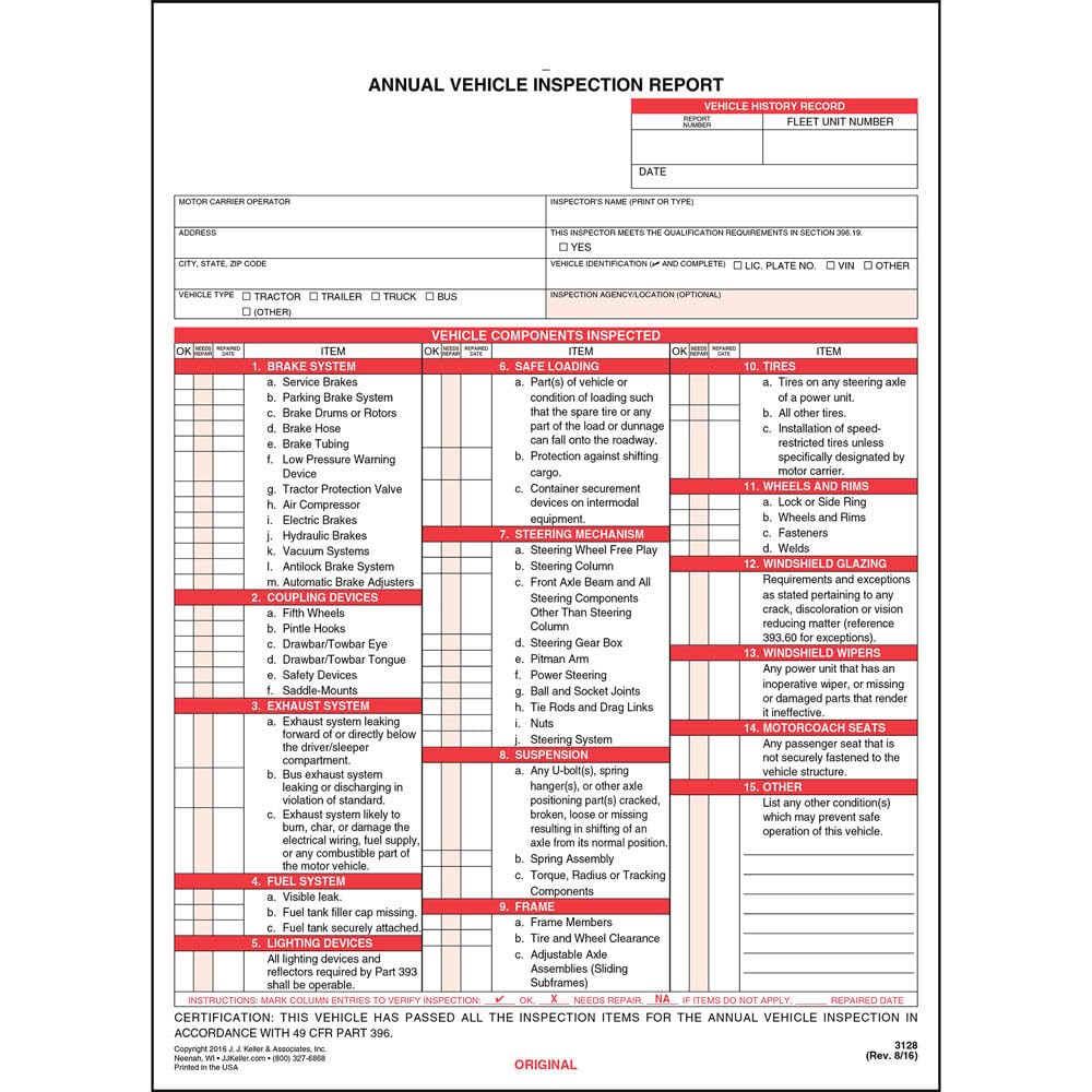 J. J. Keller 100-Pack, Annual Vehicle Inspection Report Forms, 3-Ply Carbonless Form, DOT Compliant