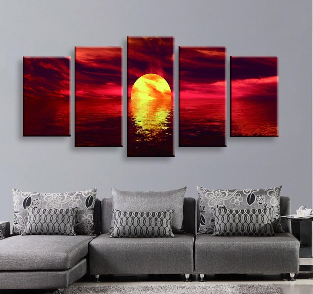 Sweety Decor Giclee Bright Red Sunset Seascape Photo Prints on Canvas Oil Paintings for Living Room Bedroom Dinner Room Decor in 5pcs/set (Wood Framed)
