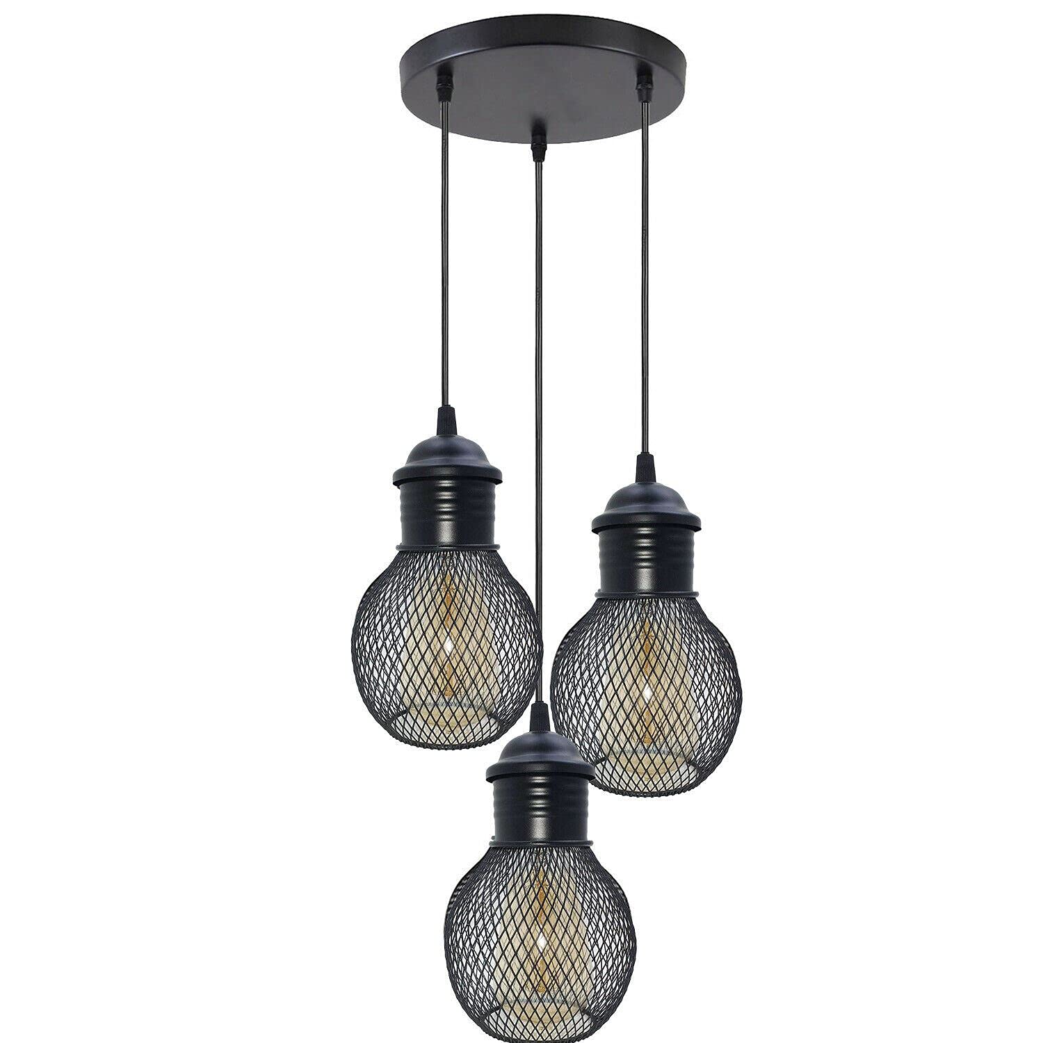 HXYSXHJUO 3 Way Black Pendant Lamp Lighting with Round Cage Vintage Ceiling Cluster E27 Edison Bulb Hanging Adjustable Cord Chandelier Light