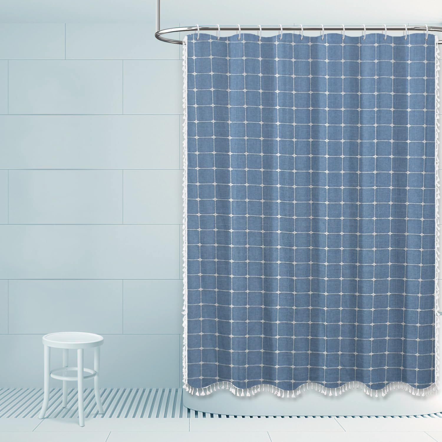 Tenda Da Doccia In Cotone Patchwork Righe Blu E Beige - 182 X 198 Cm - Stile Shabby Chic Per Bagno