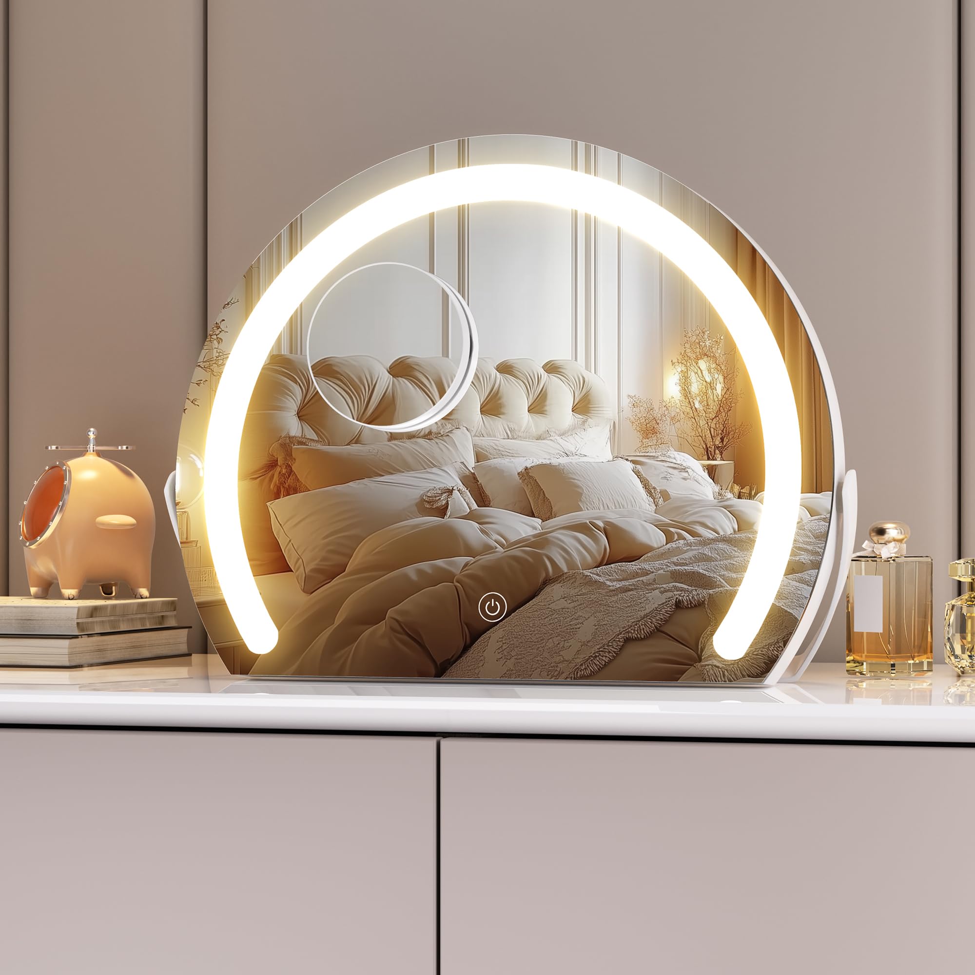 Hasipu Vanity Mirror with Lights, 13.8" x 10.7" LED Makeup Mirror, Lighted Makeup Mirror with Lights, Smart Touch Control 3 Colors Dimmable Mirror, White
