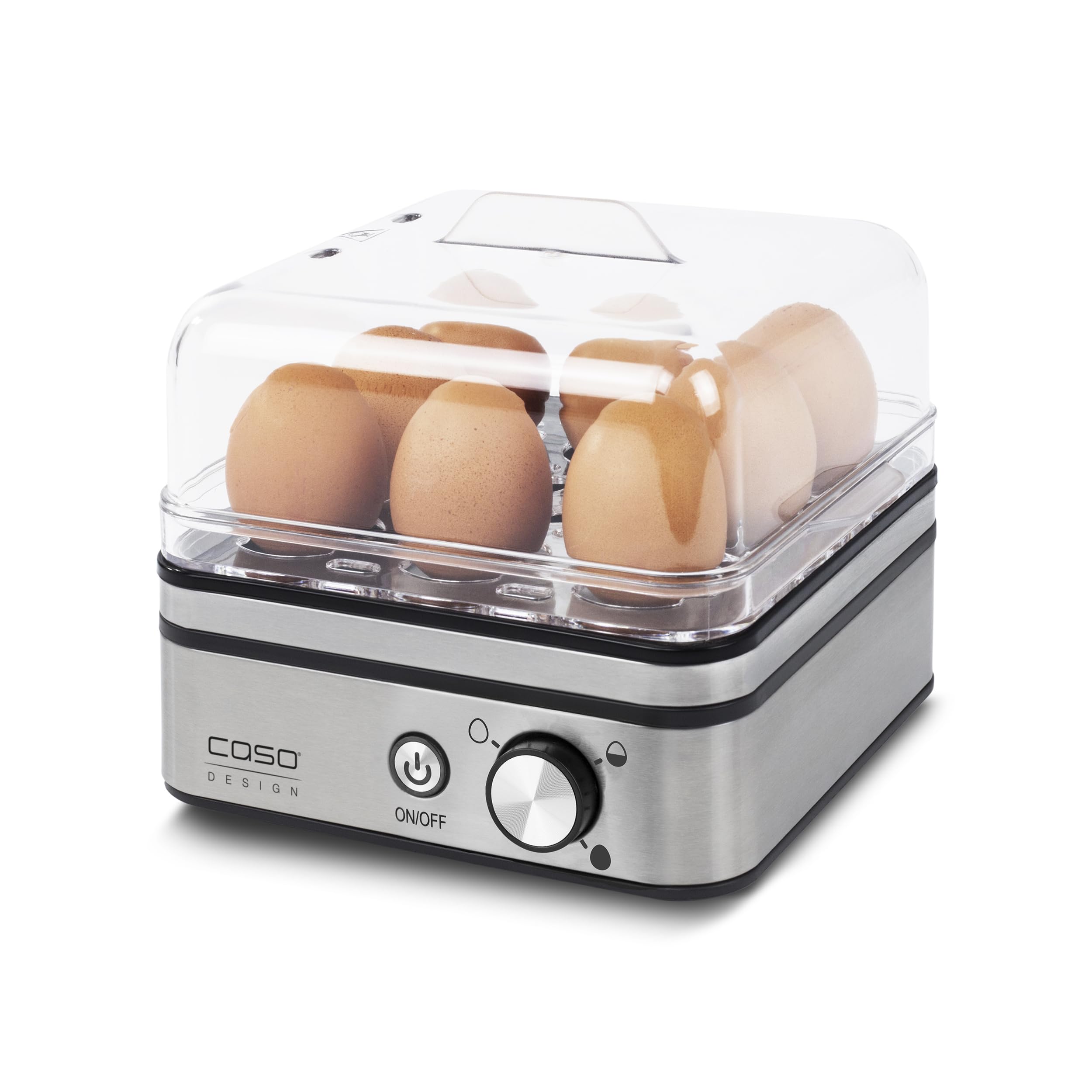 CASO E 9 - Cuisinier d'œufs design, cuiseur d'œufs électronique pour jusqu'à 8 œufs, support d'œufs amovible, signal acoustique, sans BPA, avec verre doseur et pic à œufs et deux coquilles à pocher