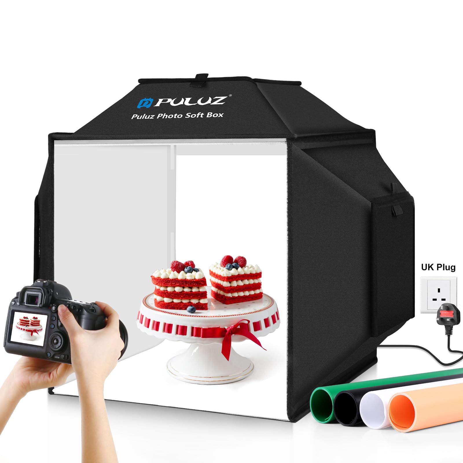 PULUZ Upgraded Portable Studio Light Box, 16"x16" Professional Dimmable Shooting Tent Kit with 480 LED Lights, 4 Product Photography Backgrounds for Product Photography