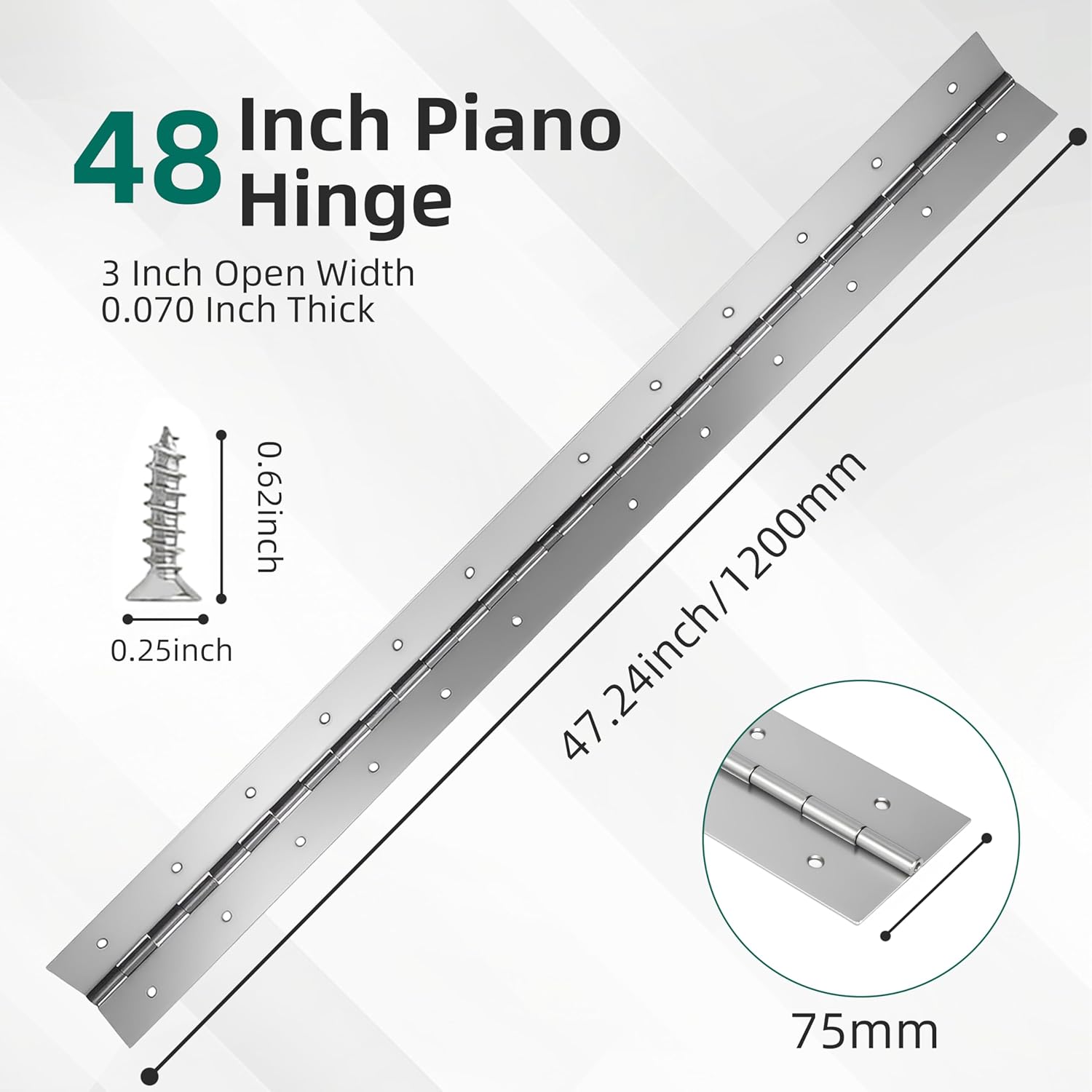 Heavy Duty Piano Hinge 48 Inch x 3 Inch Thick 304 Stainless Steel with Holes Silver Piano Hinge for Heavy Duty Door, Cabinet, Wooden Box, Furniture, Metal Plate (Sliver)